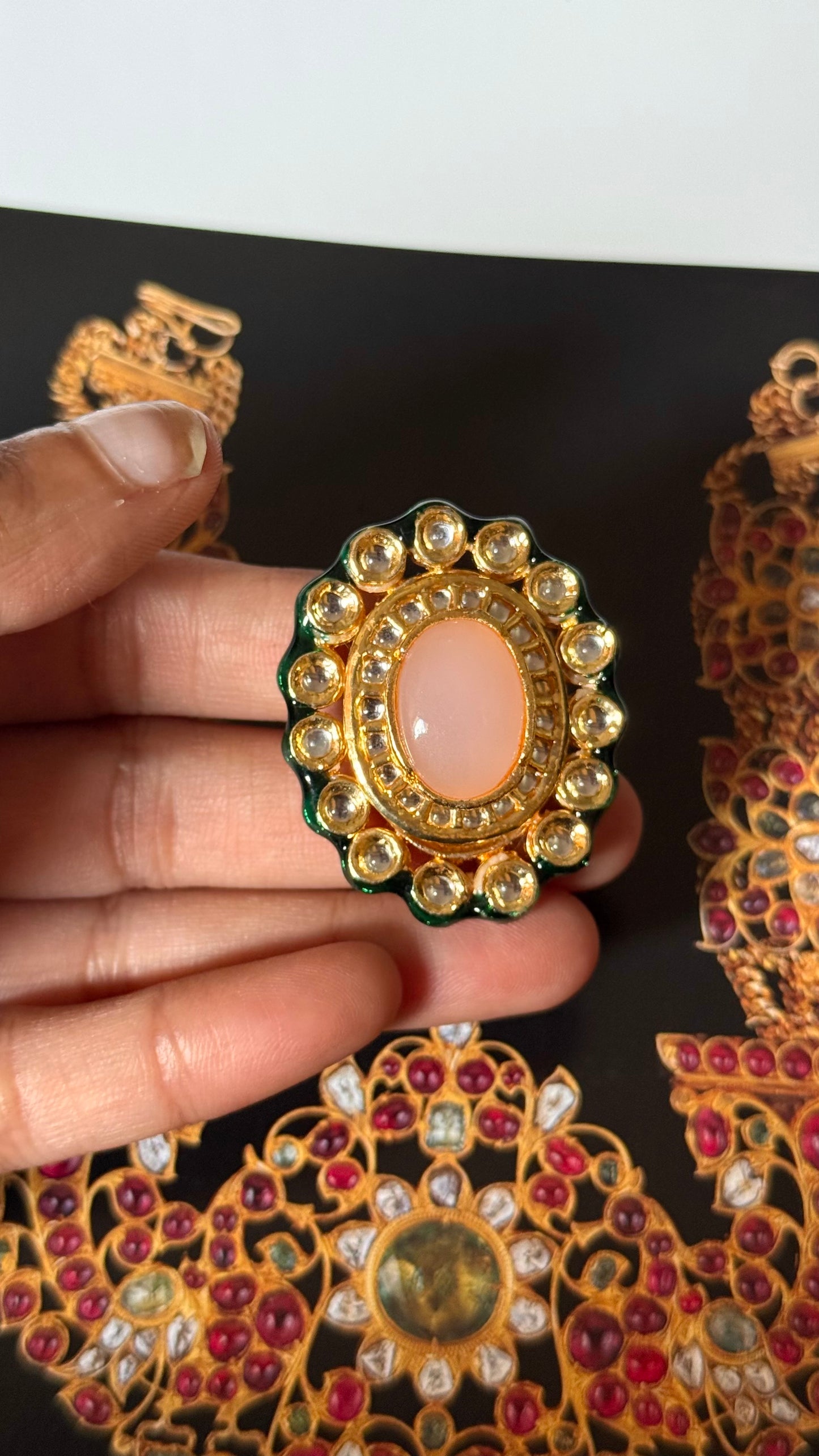 Rose quartz & meenakari paachi adjustable ring