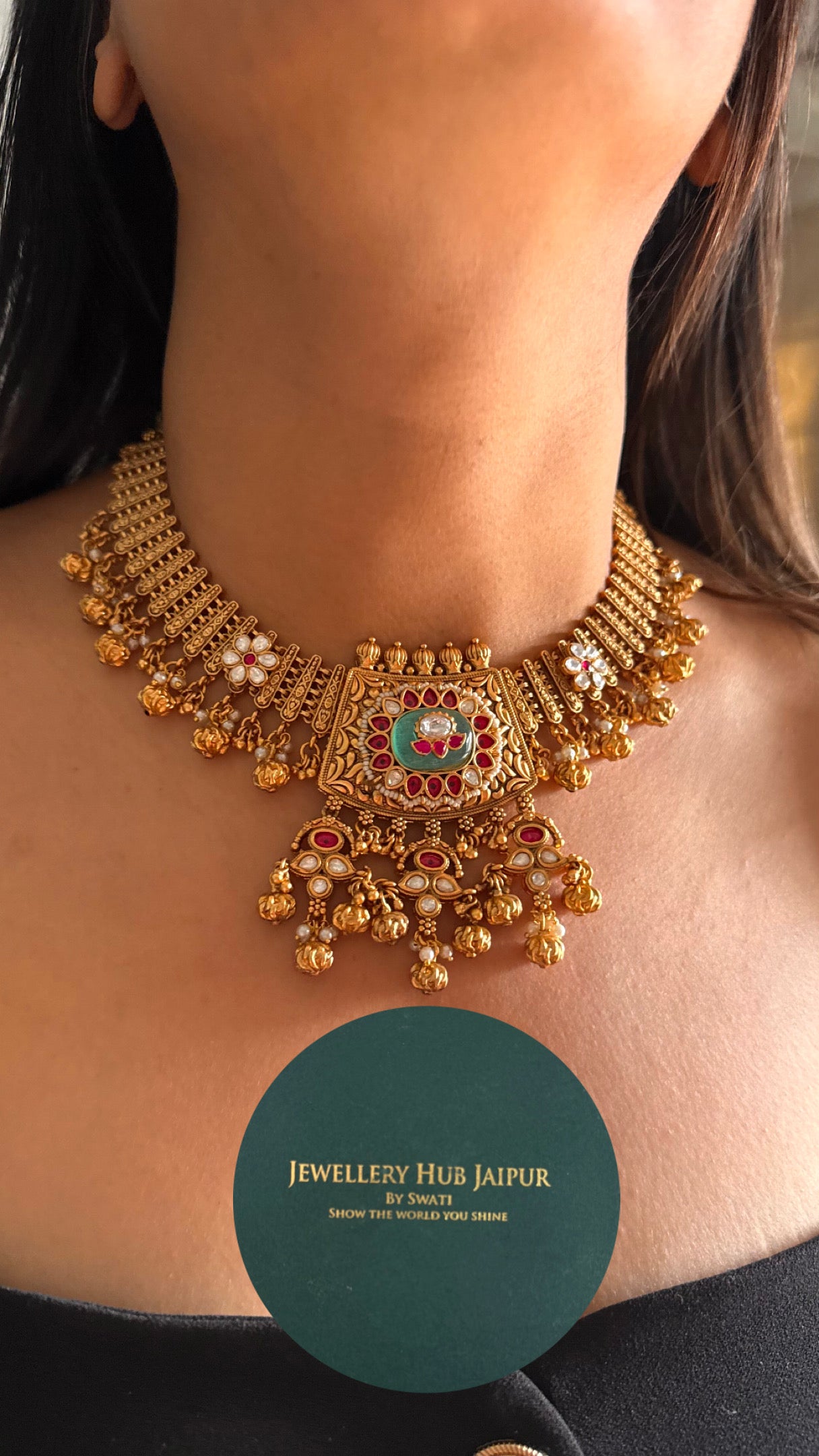 Rajwadi gold mint inlay necklace