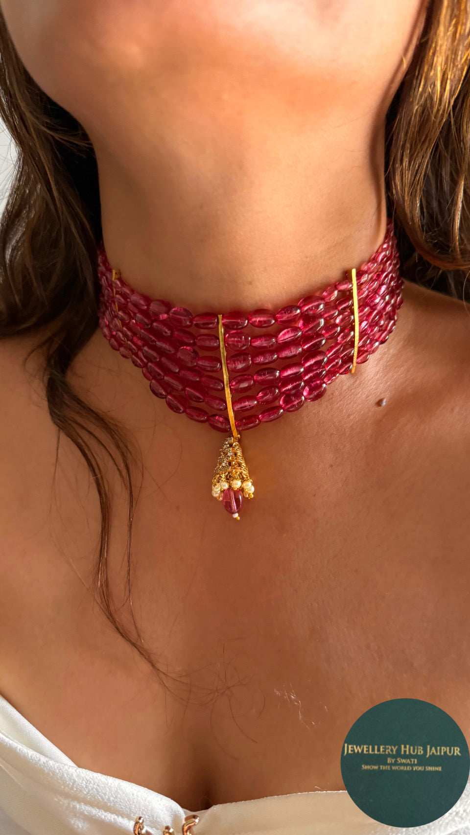 Designer jhumki pendant with rani pink ruby pearl detailing choker