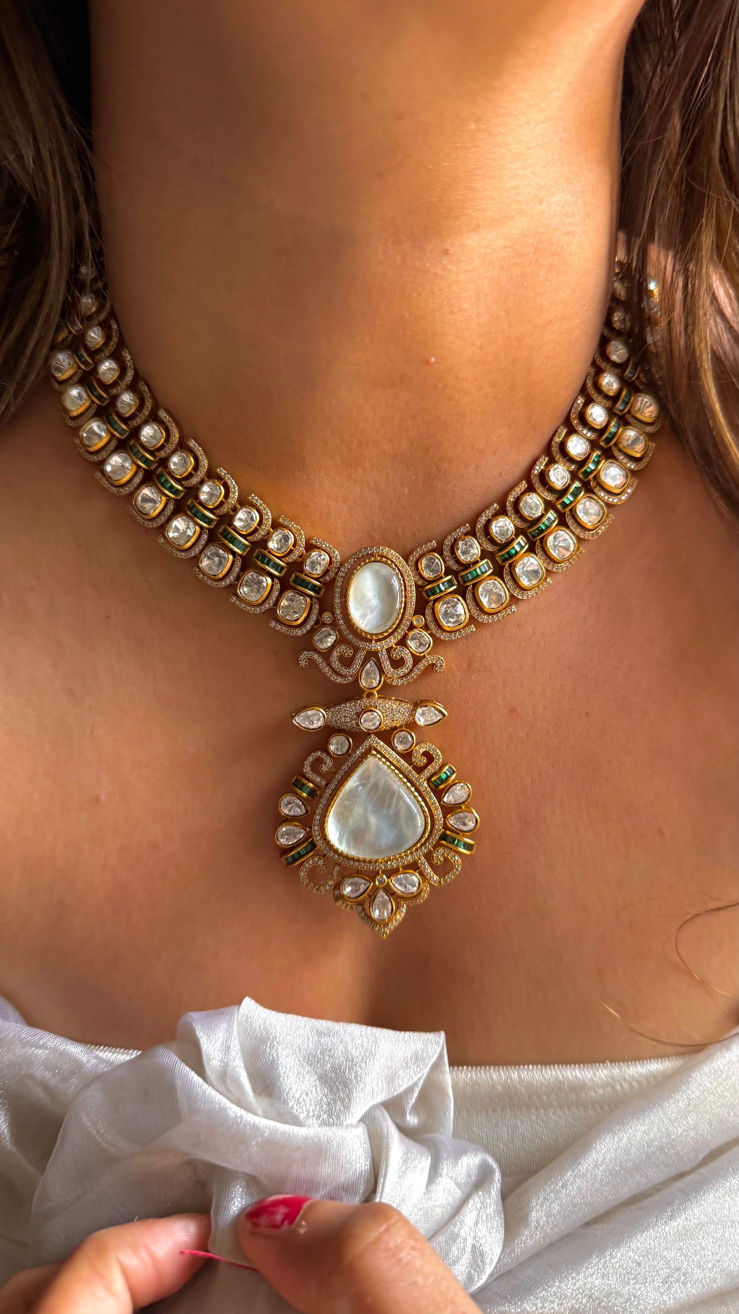Mother of pearl & Emerald designer neckalce