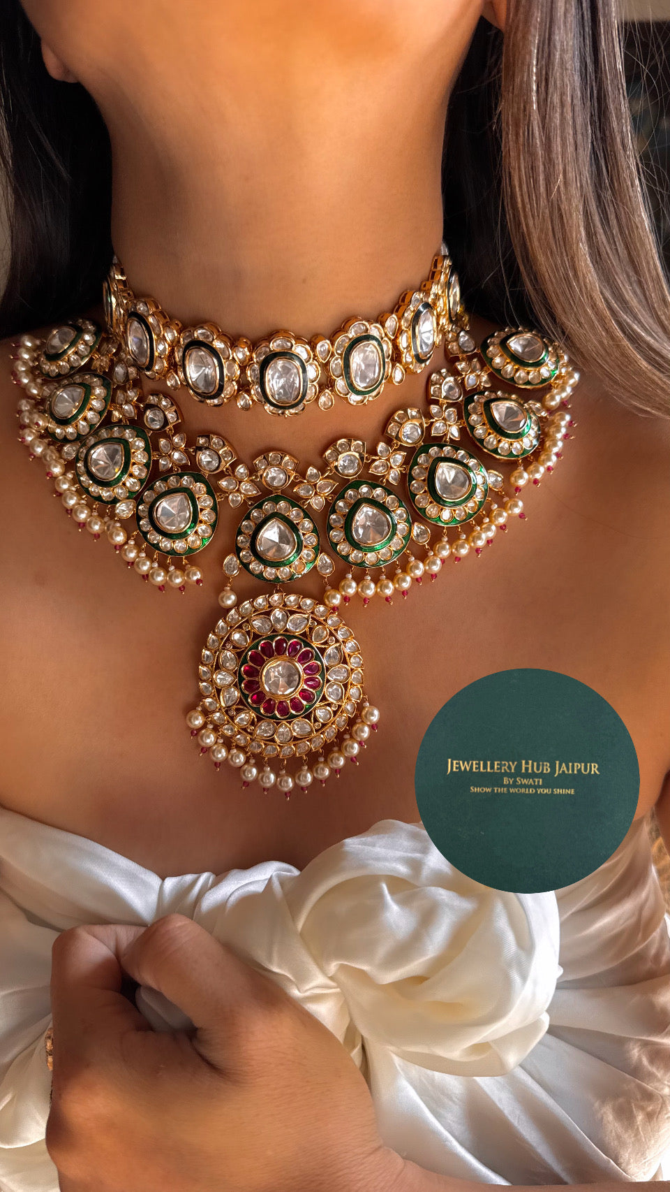 Bridal asia ruby & emerald polki necklace duo
