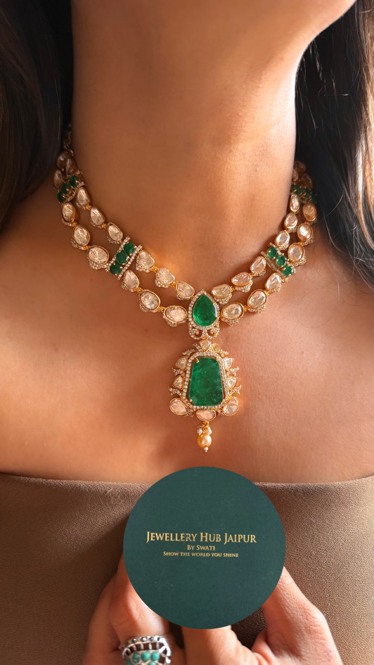 Emerald  peeli polki moissanite with dual line collar necklace