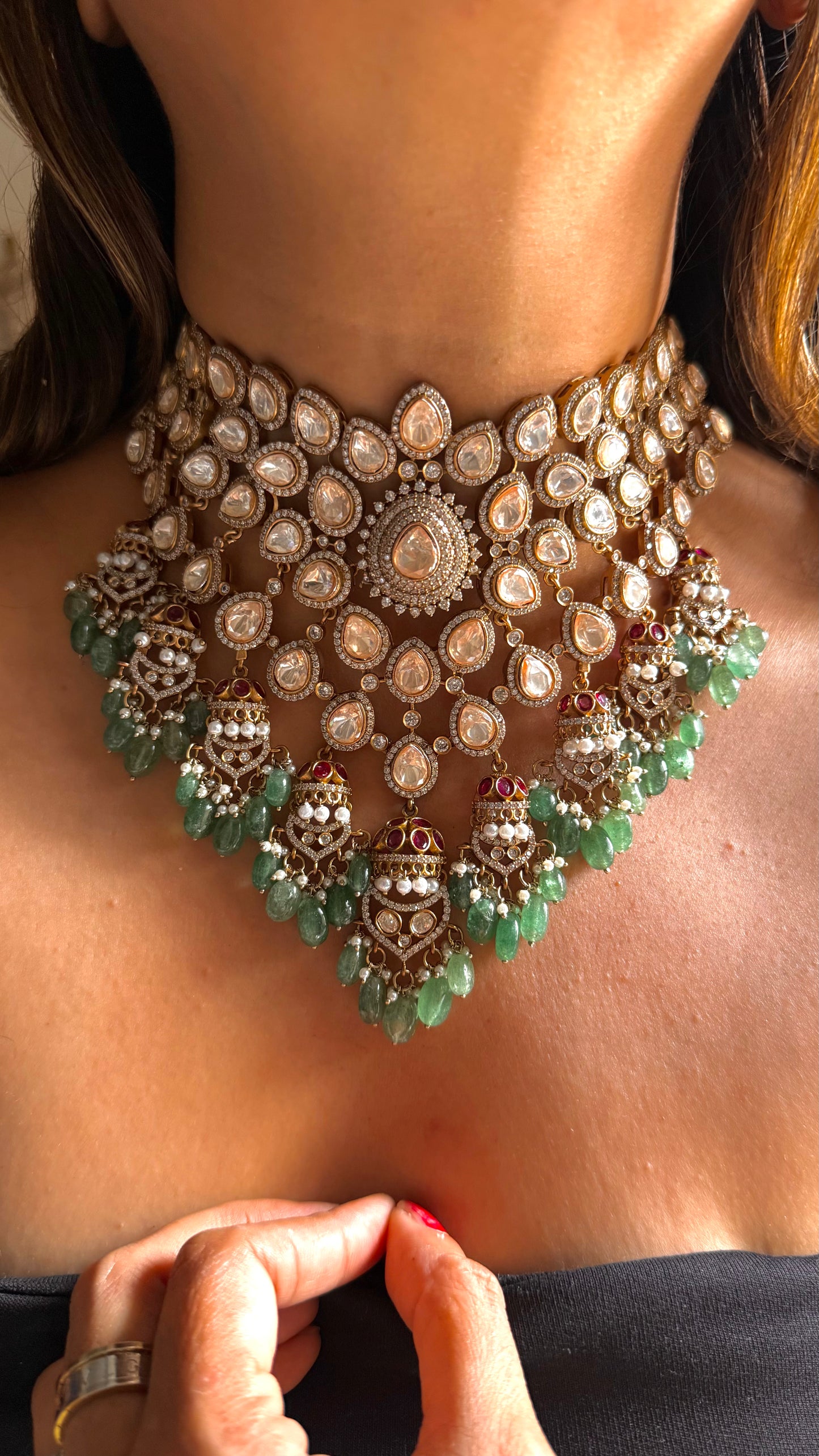 Bridal Asia LV Polki mint drop designer necklace