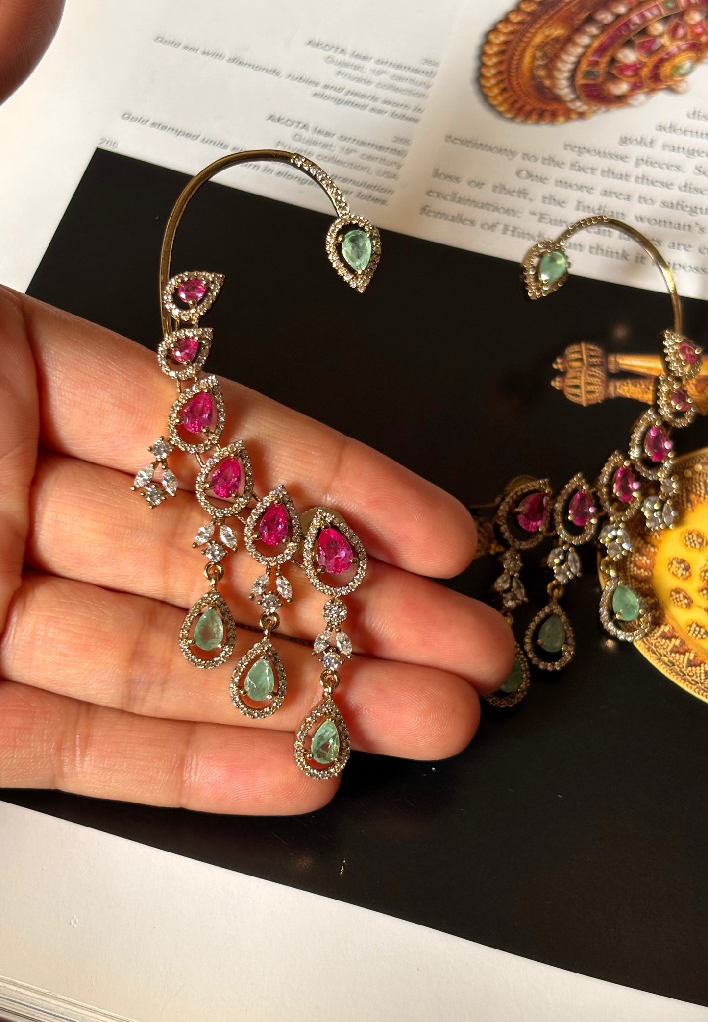 Rani pink & mint doublets with cz diamond earcuff earrings