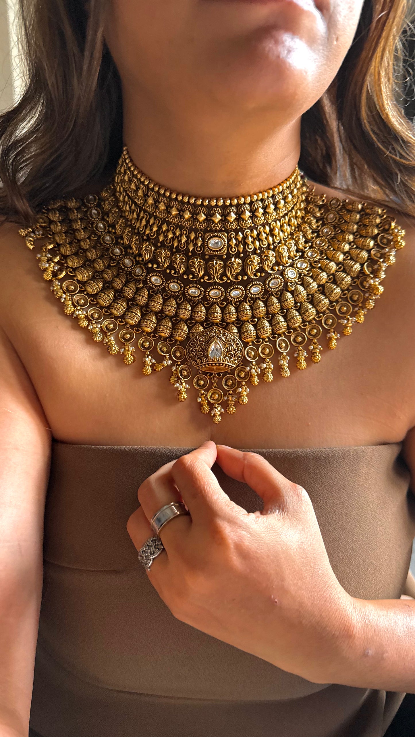 Oxidised heritage Royal bridal necklace set with gold drop detailing