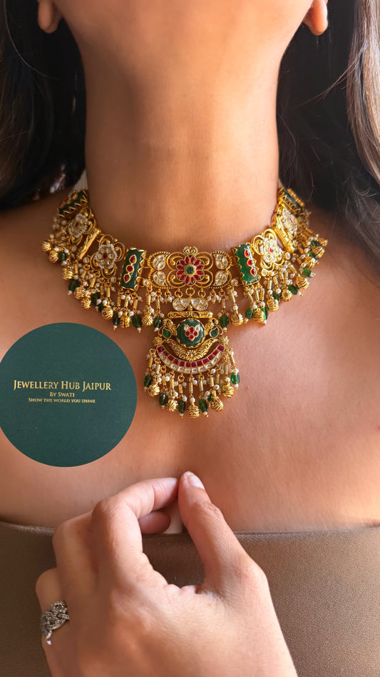 Heritage Emerald inlay work & rani pink floral royal heritage rajwada choker set