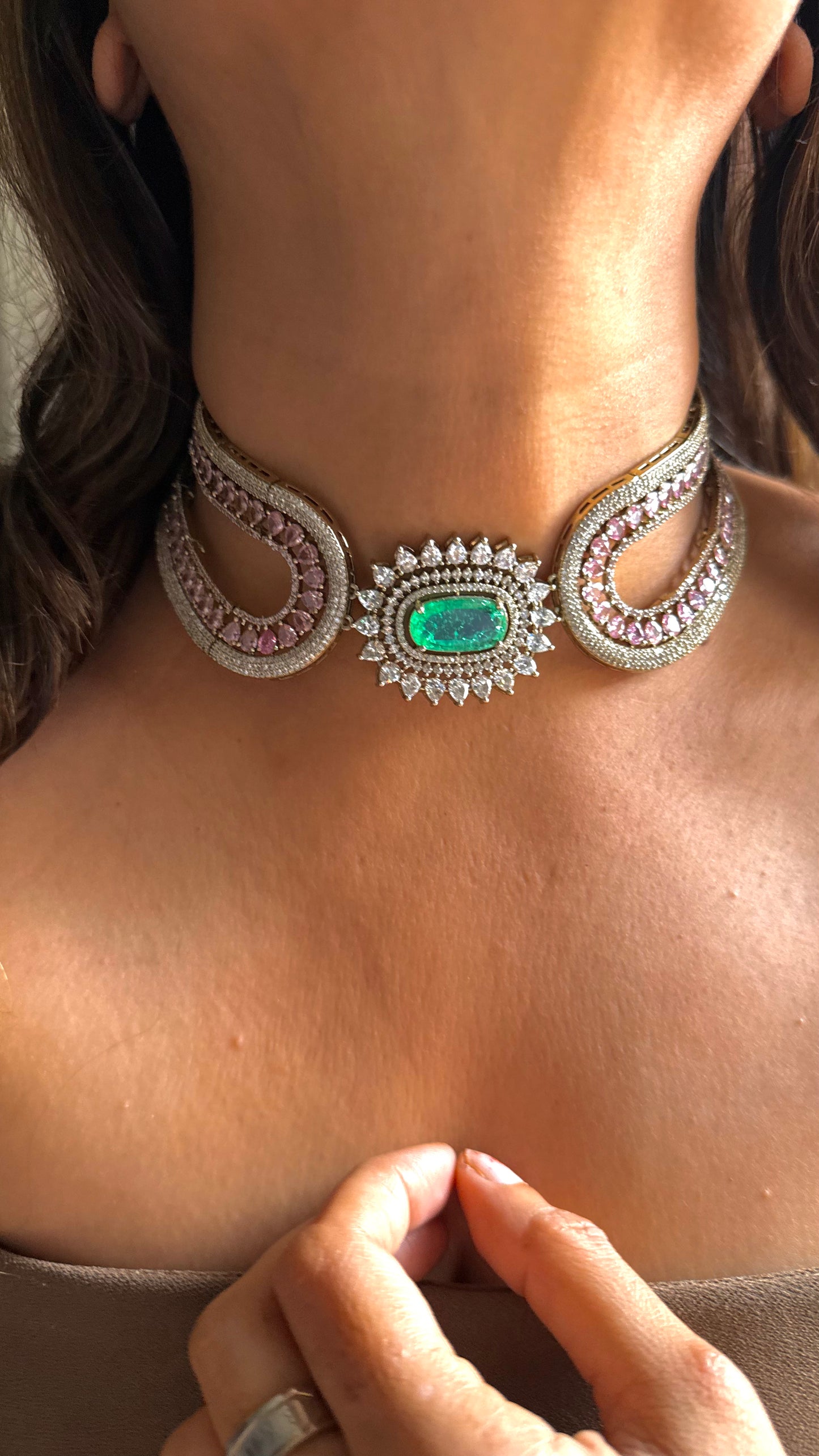 Mint & rose quartz contemporary choker necklace set