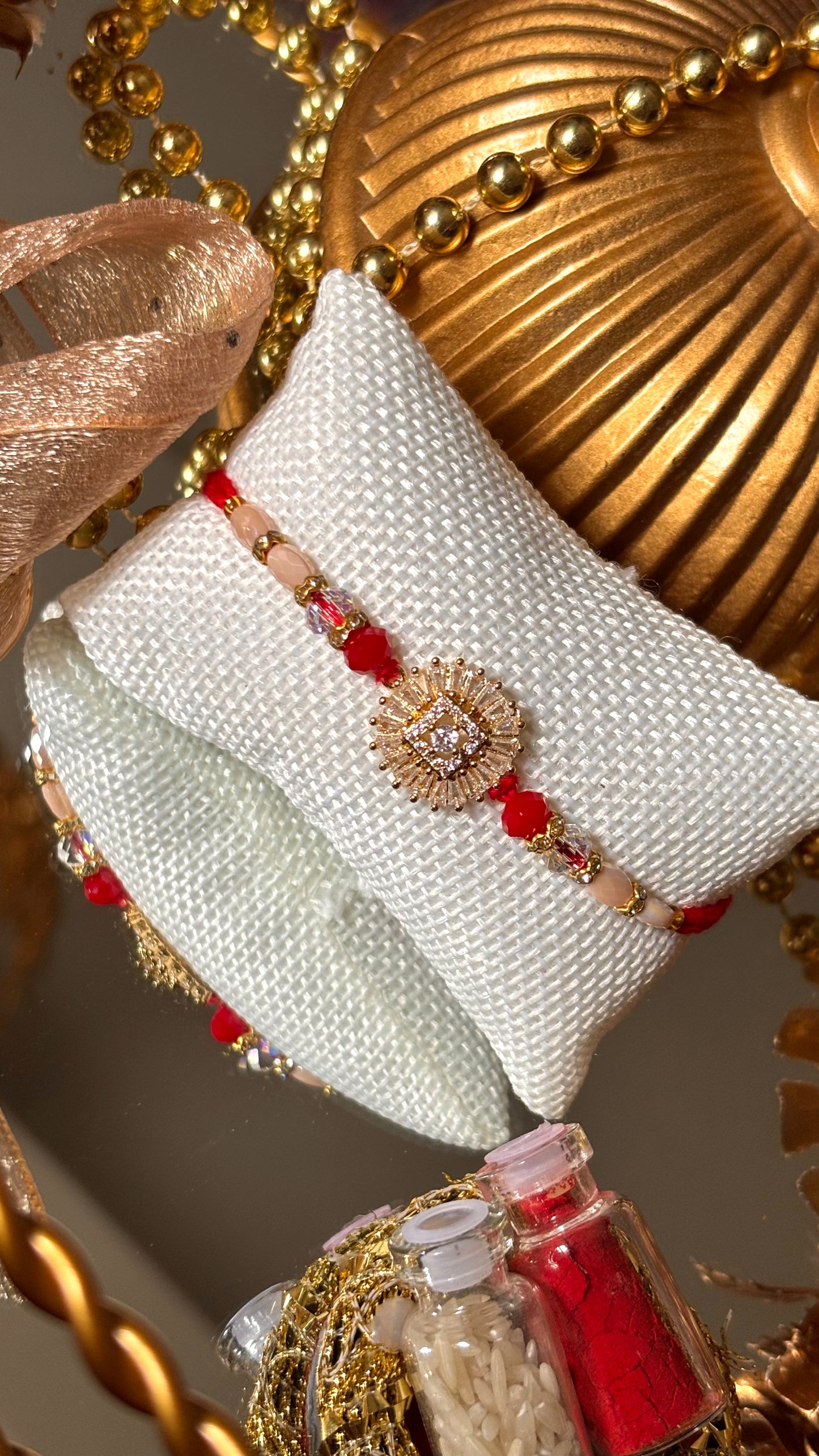 Cz Diamond polki laal dhaga designer rakhi ( shipping will be extra )