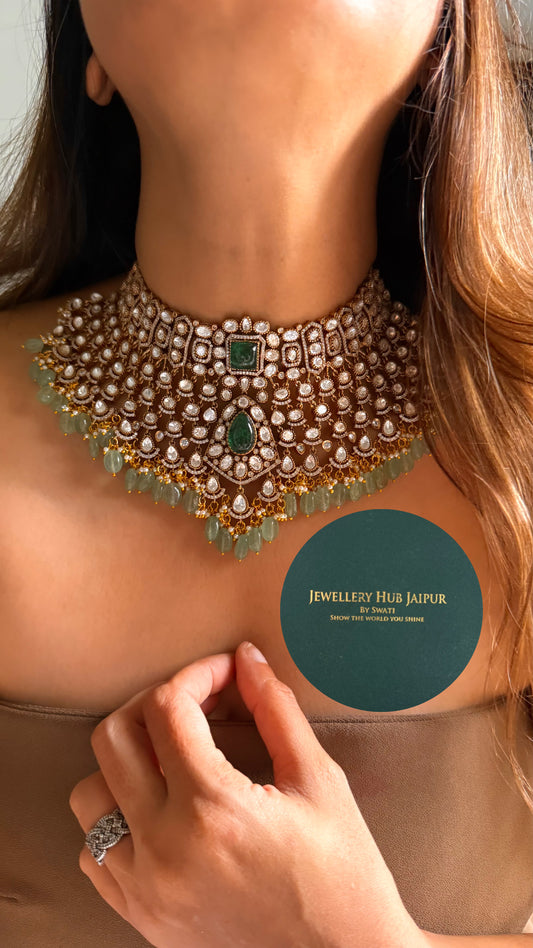 Emerald doublet real uncut moissanite polki bridal choker set
