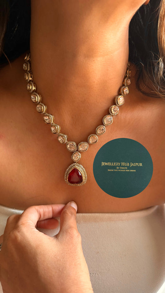 Ruby doublet & moissanite uncut polki collar set