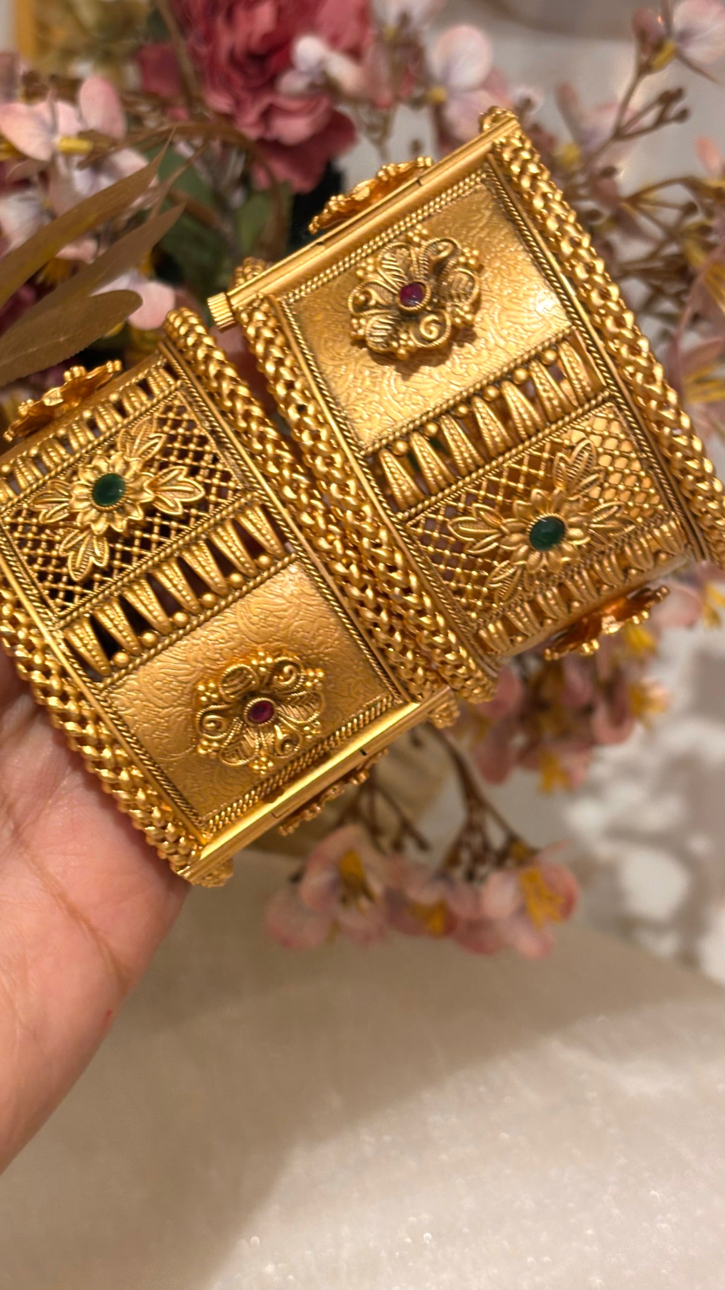 Matte gold floral nakshee wide bangles