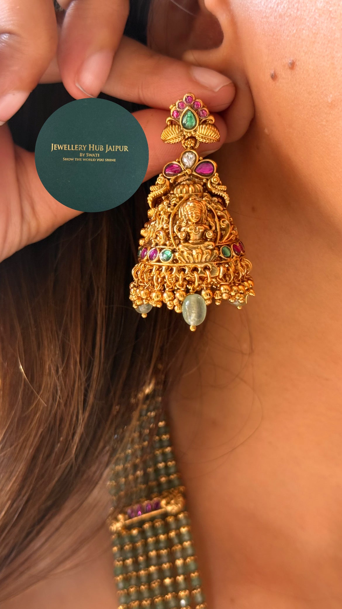 Goddess laxmi emerald & rani pink with mint string temple long set