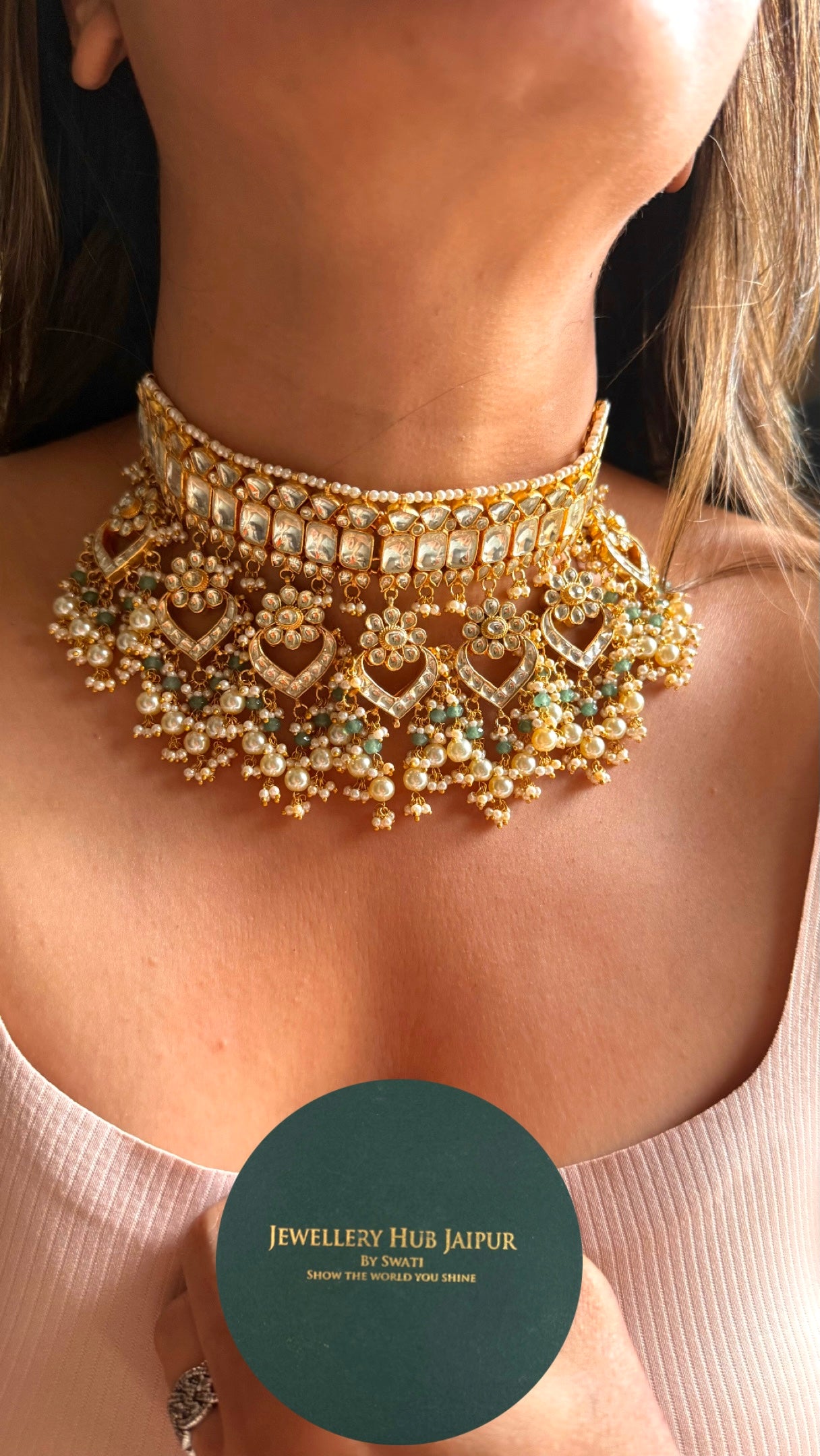 Handmade Paachi Kundan jadau with pearl detailing choker necklace