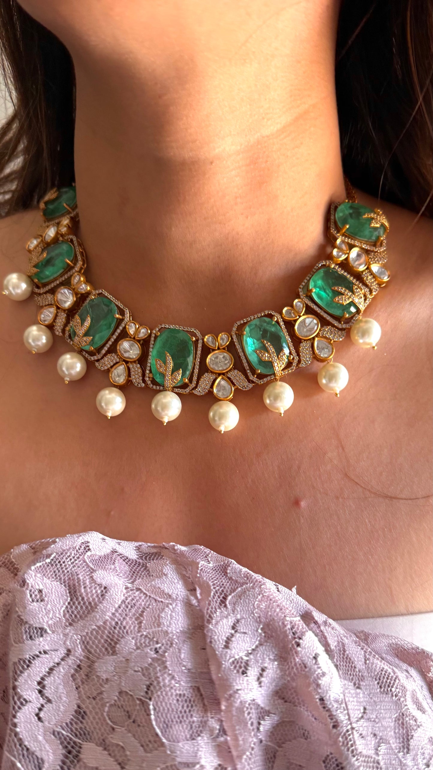Mint doublet pearl drop designer collar necklace