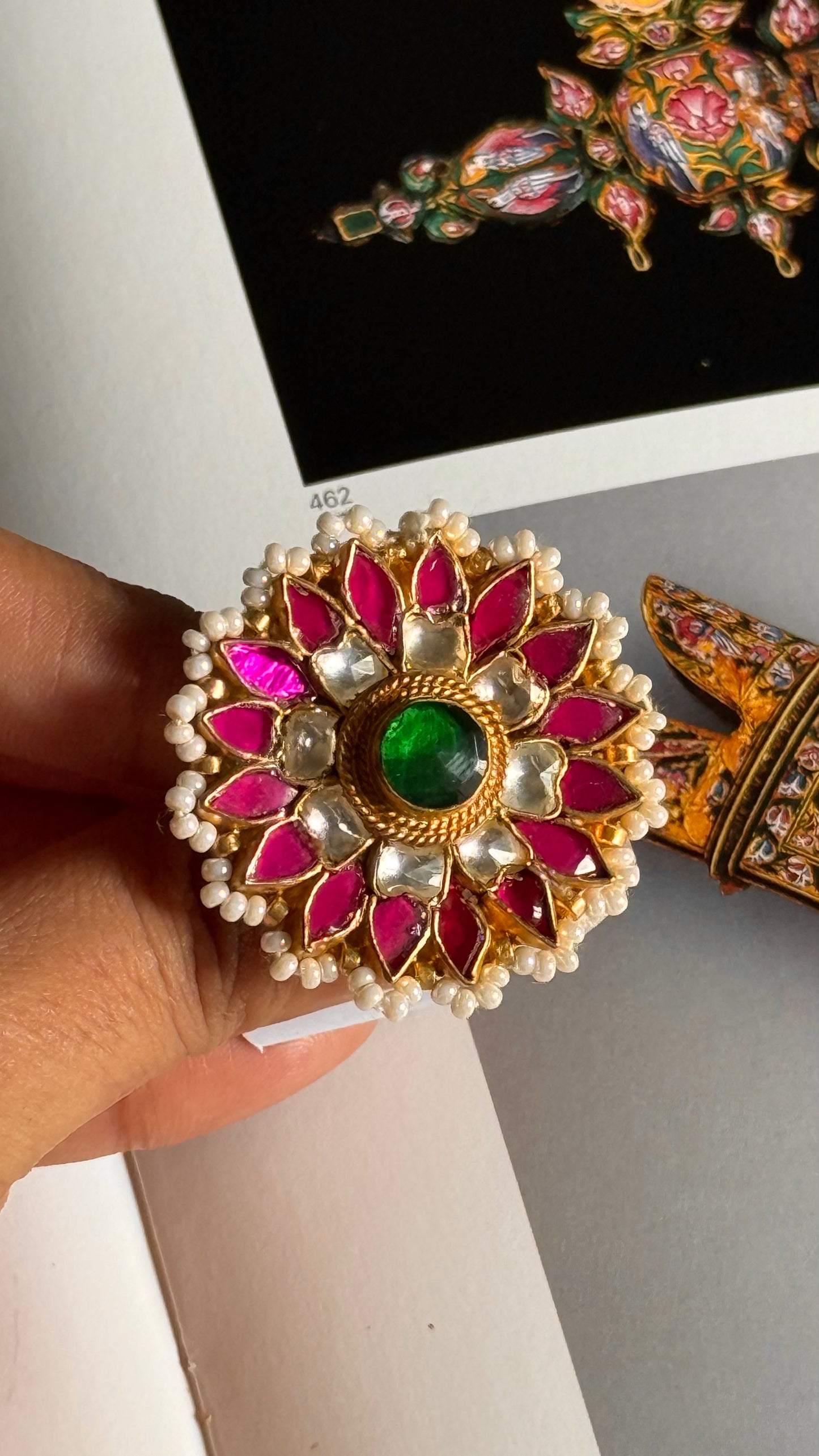 Emerald doublet & rani pink heritage sunflower adjustable ring