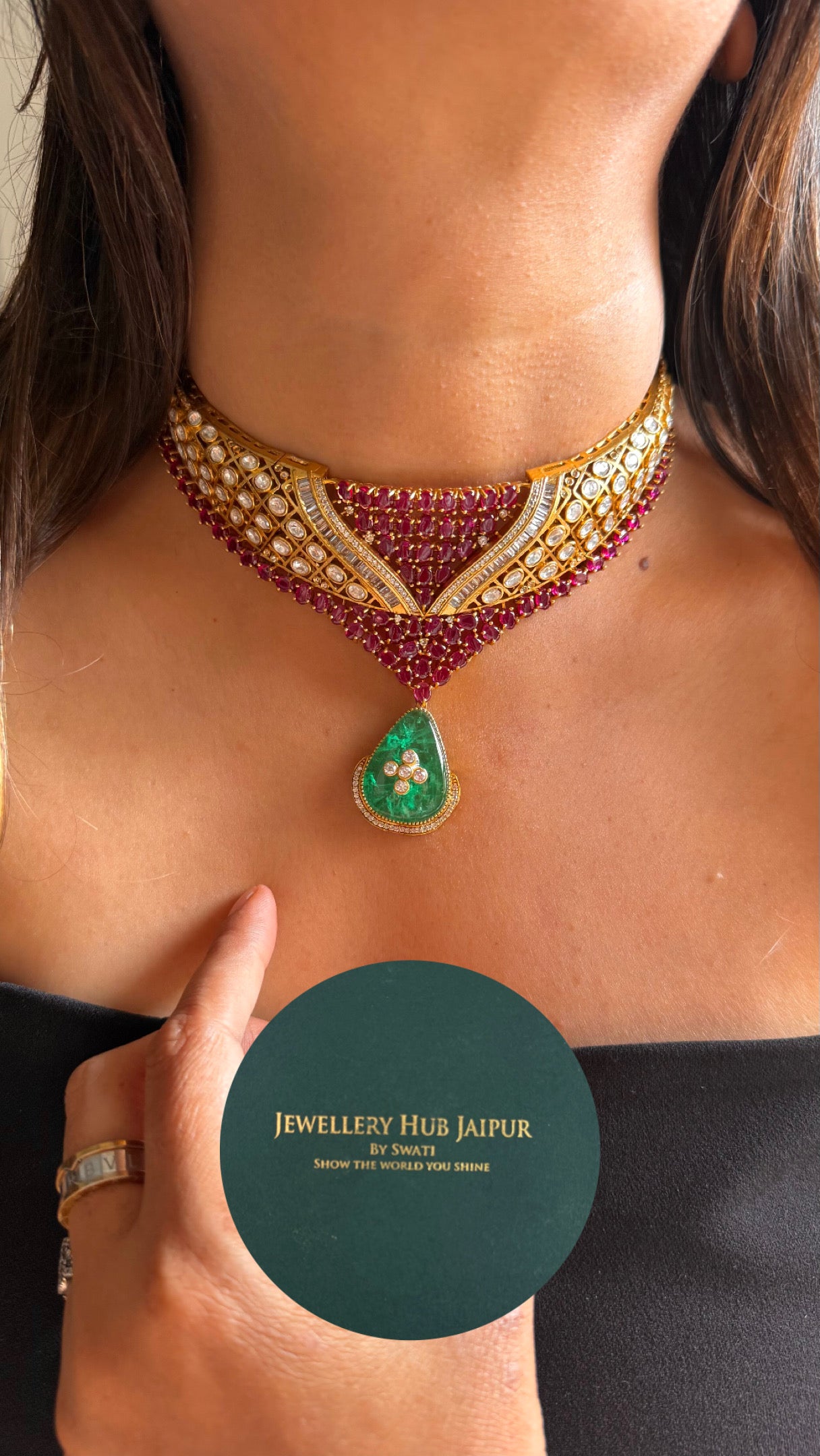 Emerald with Rani pink ruby cocktail necklace