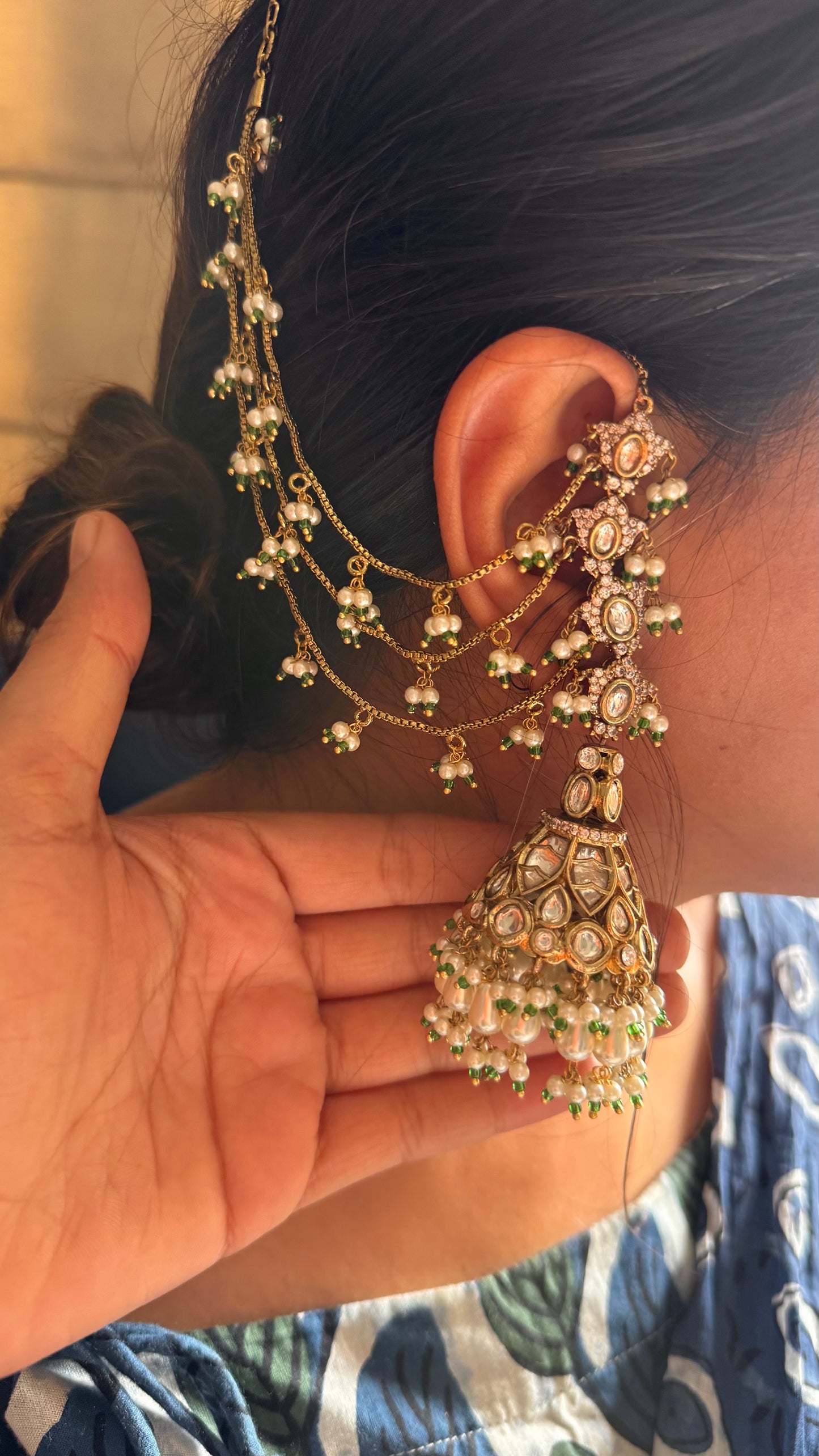 Polki Jhumki pearl detailing with attach kaan chain earrings