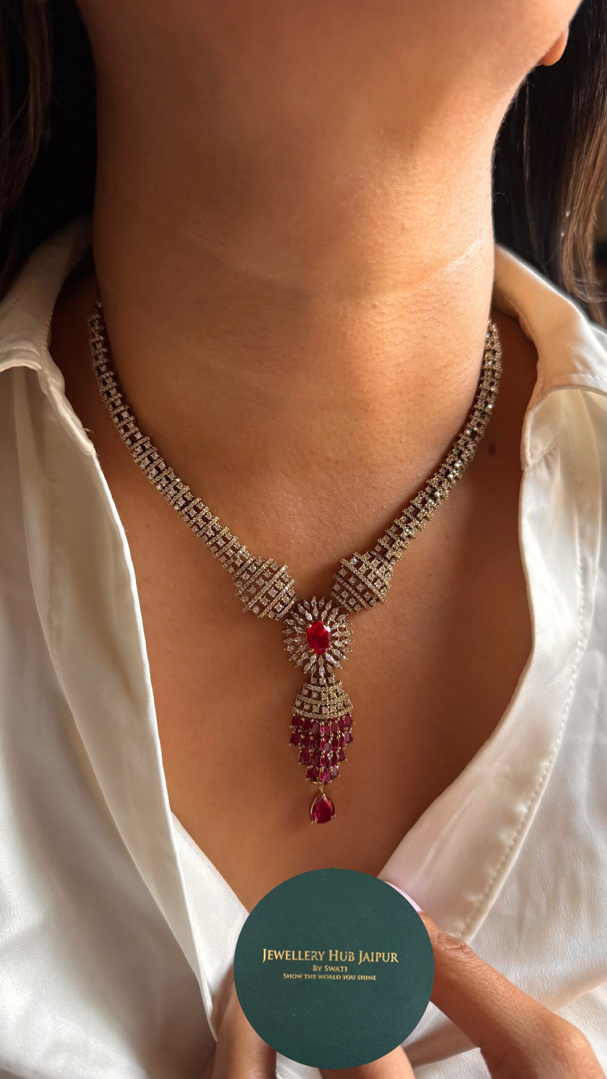 Ruby with Rani pink doublets cz diamond collar Necklace