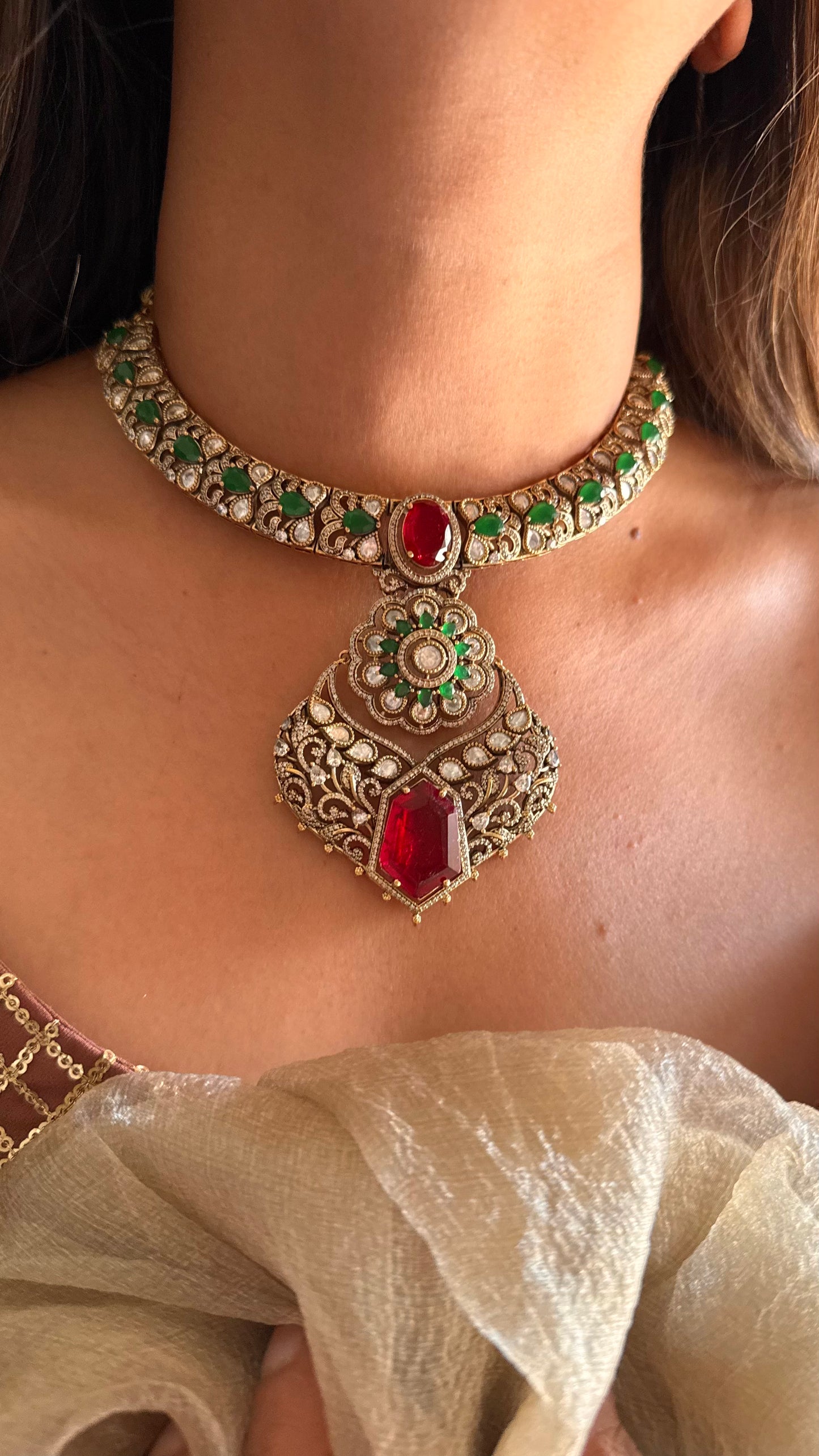 Laali- Ruby doublet & emerald polki moissanite collar necklace