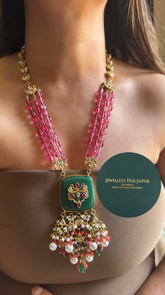 Emerald inlay work & rani pink string meenakari paachi heritage long set
