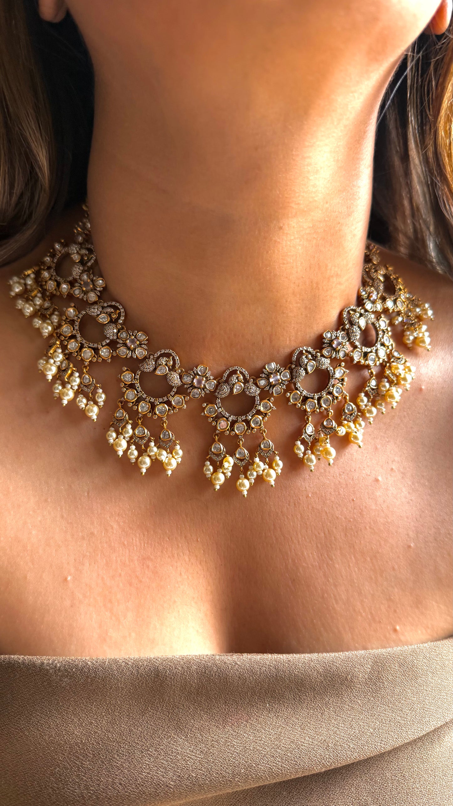 Rose Quartz designer polki collar necklace set with Pearl, drop detailing