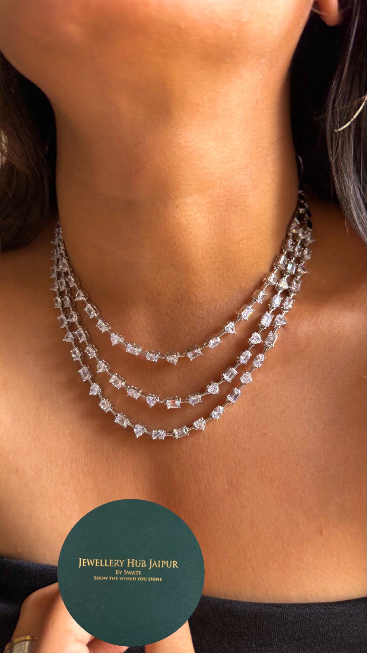 Uncut cz diamonds triple line Necklace