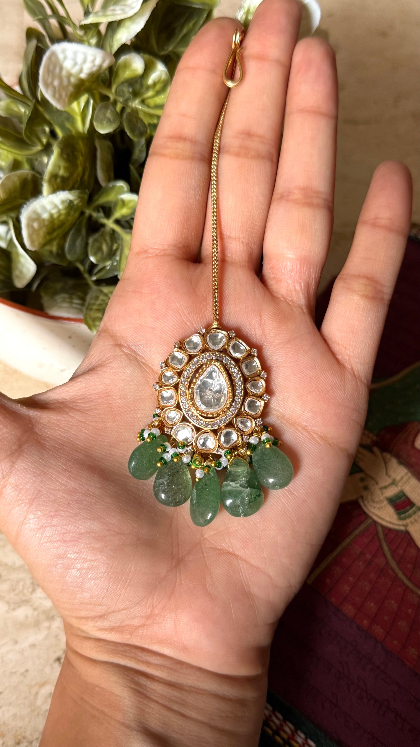 Moissanite polki with mint drop maangtika