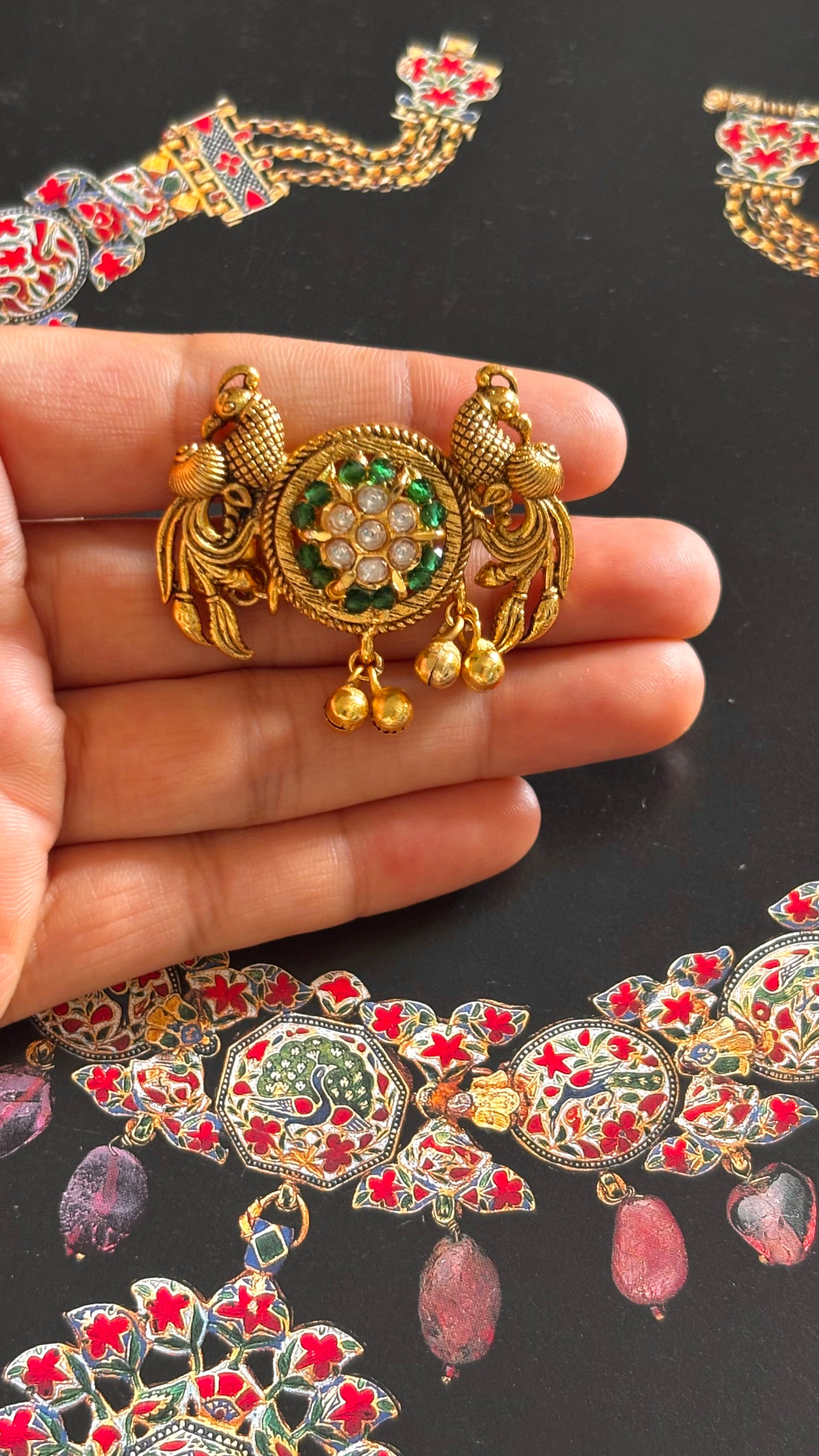 Peacock inspired emerald with gungroo drops adjustable ring