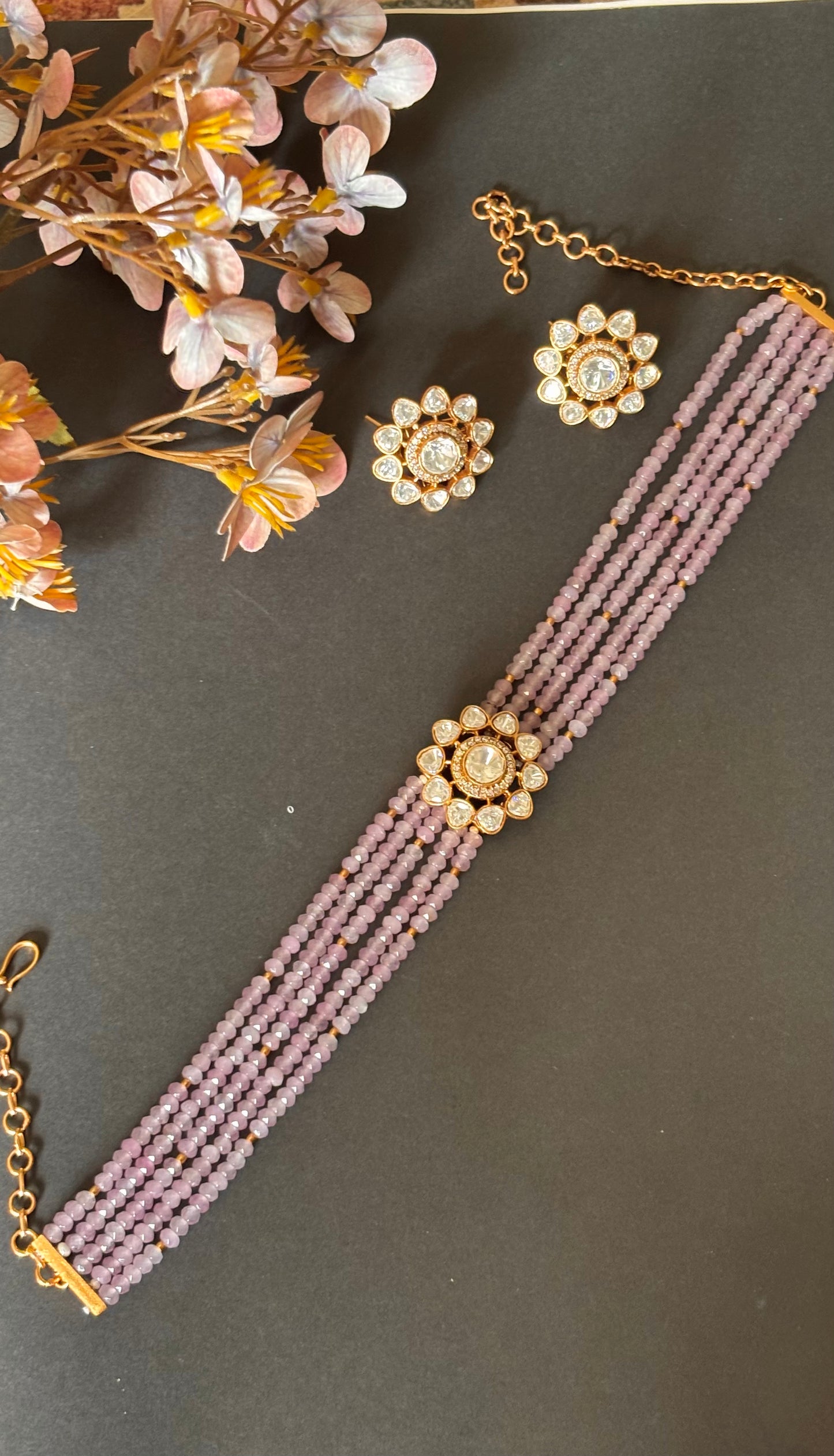 Real Moissanite floral polki Lilac pearl detailing choker necklace