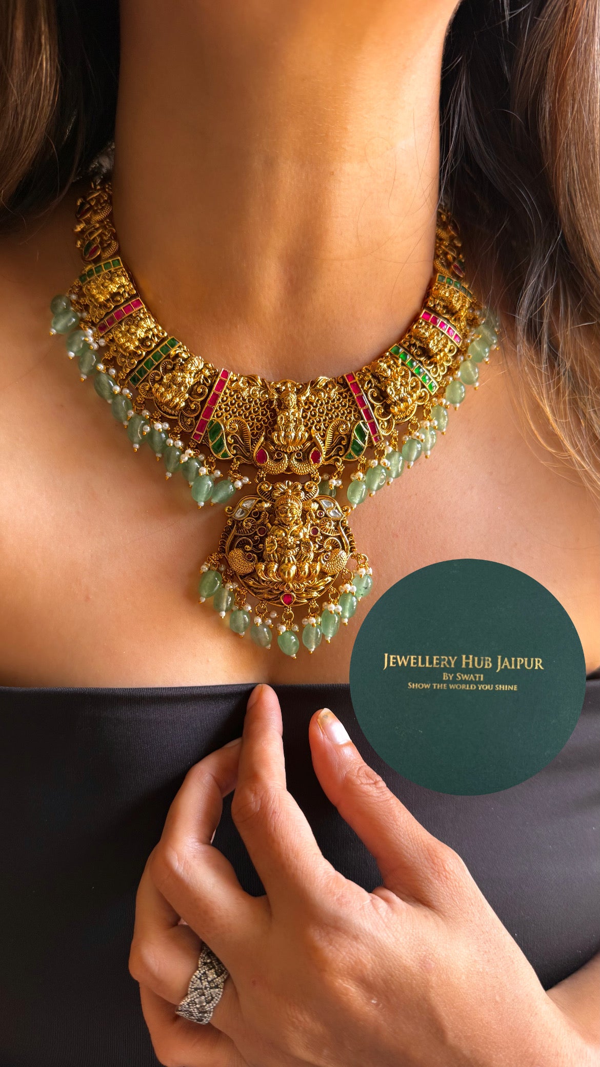 Goddess laxmi on lotus with mint drop temple collar set