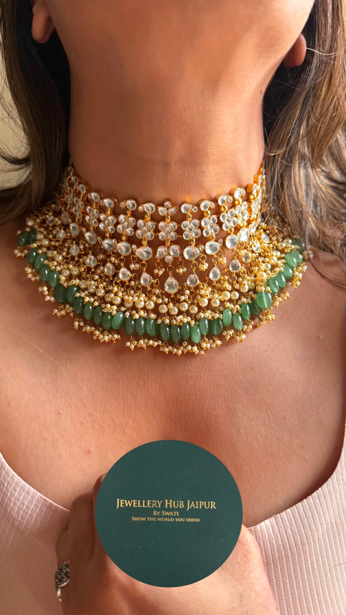 Paachi Kundan jadau with mint drops choker necklace