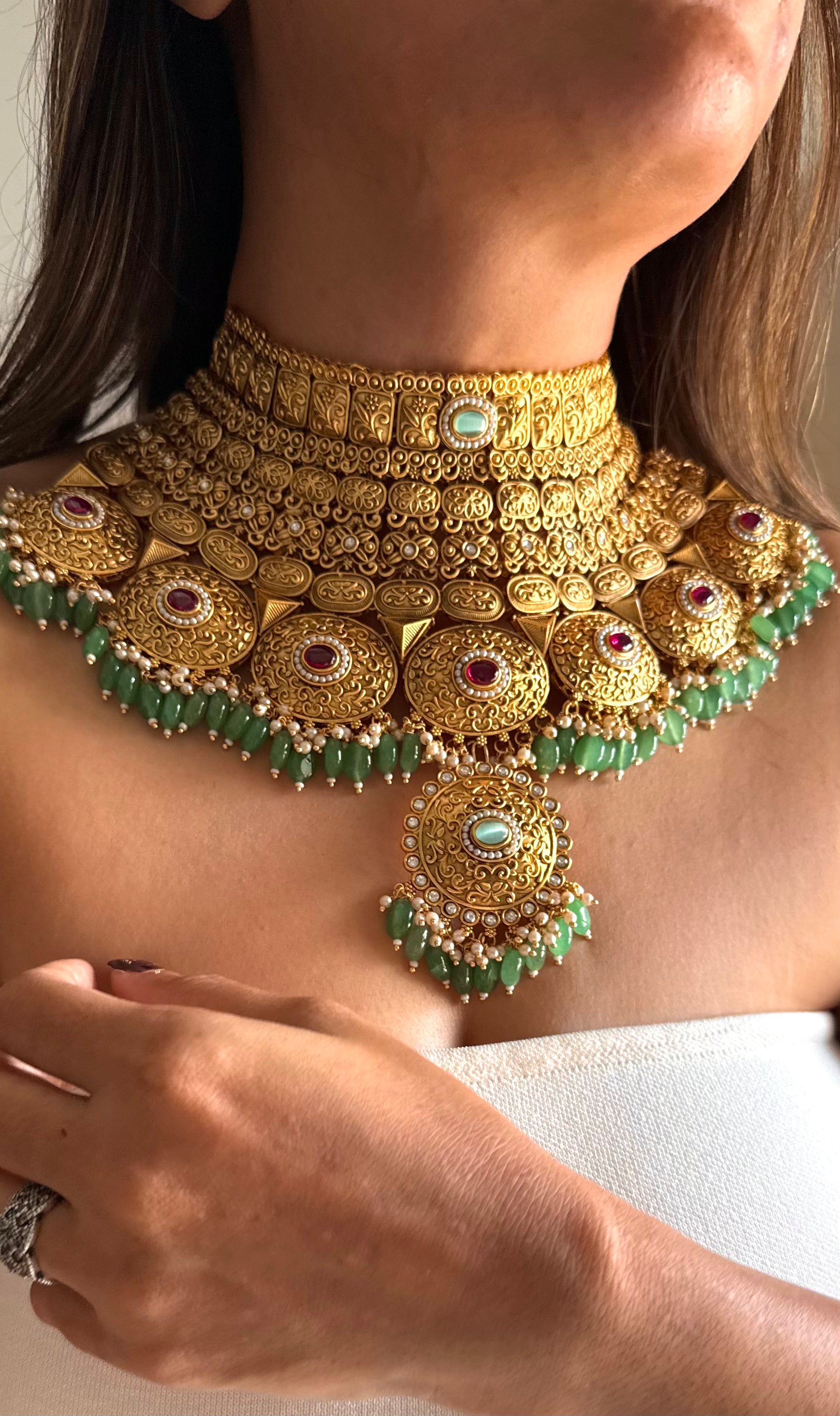 Maharani golden rani pink & mint bridal choker set