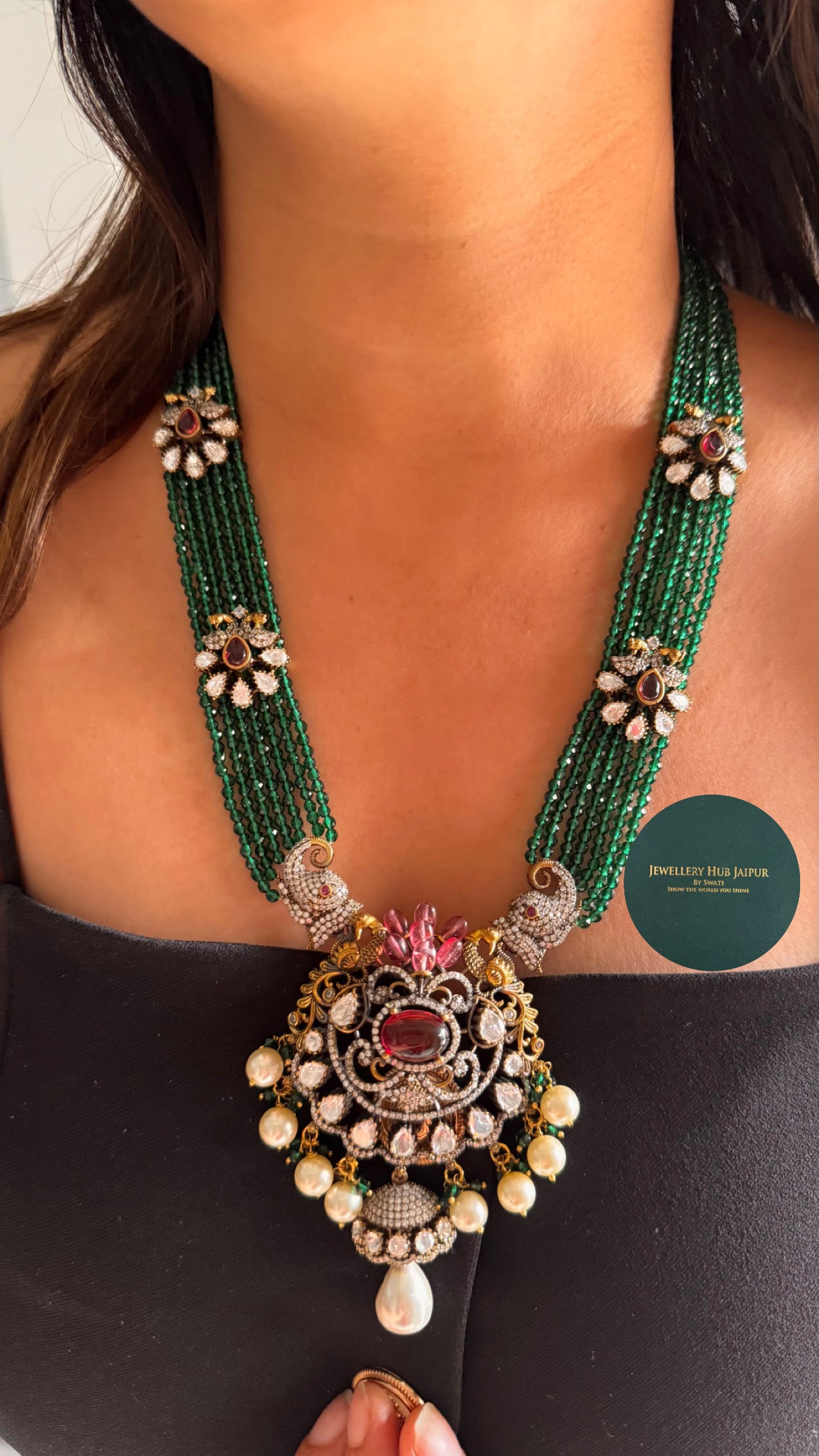 Emerald victorian Chandi polki long necklace