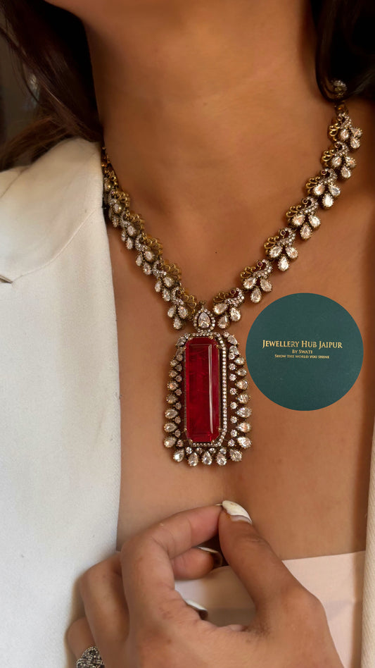 Preet Ruby doublet and moissanite victorian necklace set