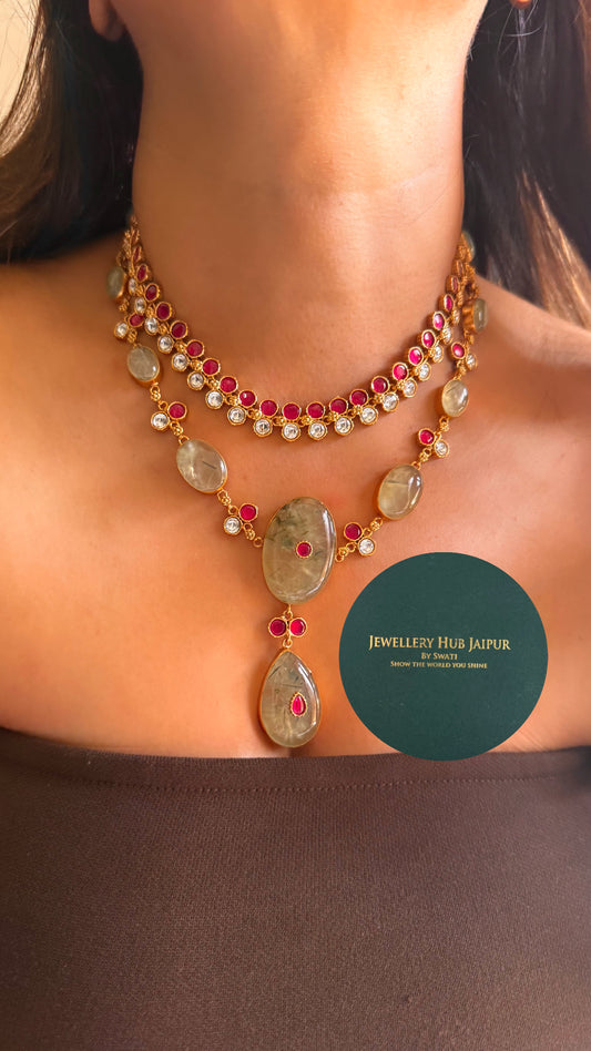Amrapali inspired Natural stone Mint real  & rani pink moissanite dual layer collar set