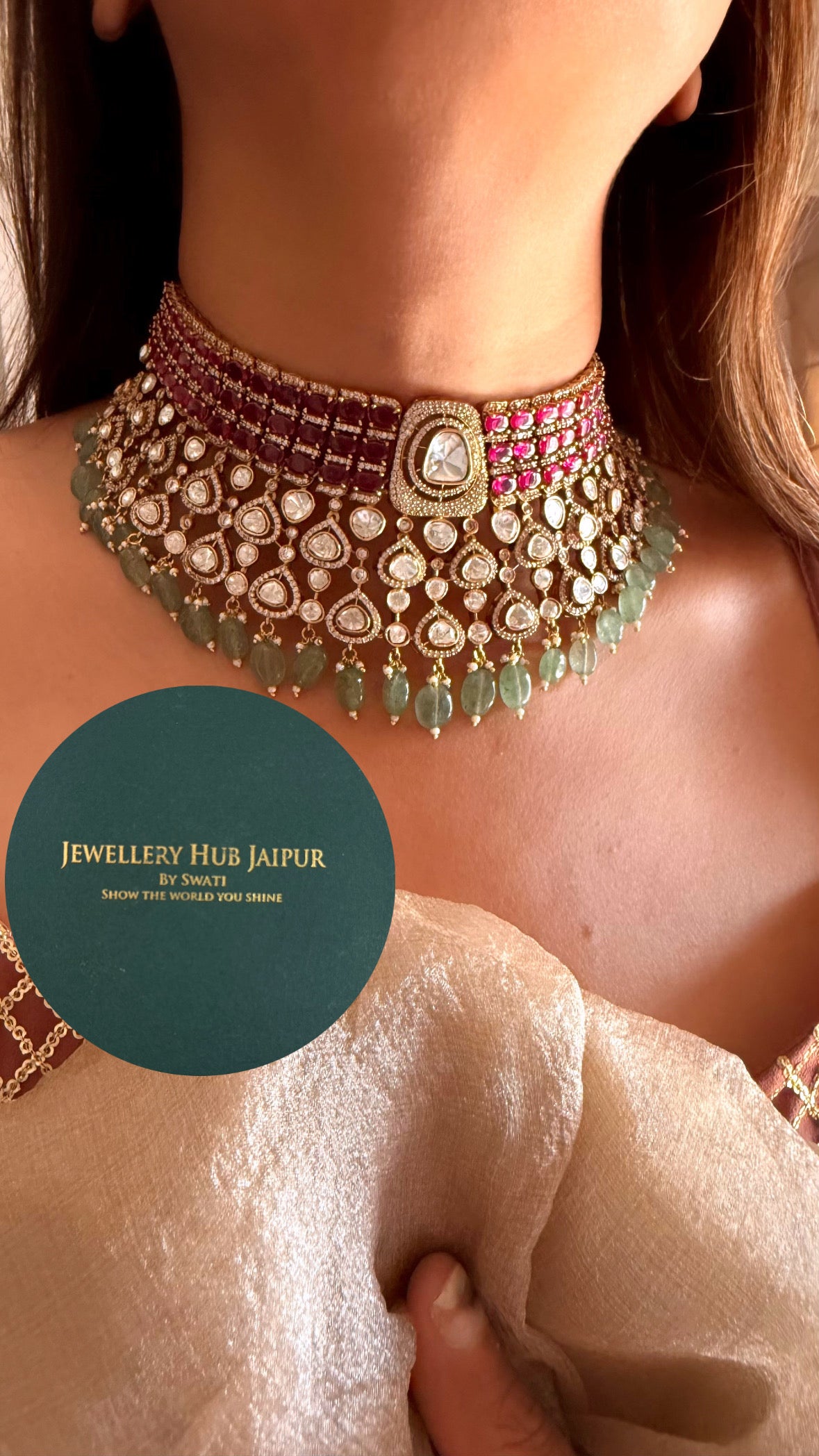 Anshika Rani pink moissanite polki & mint drops choker