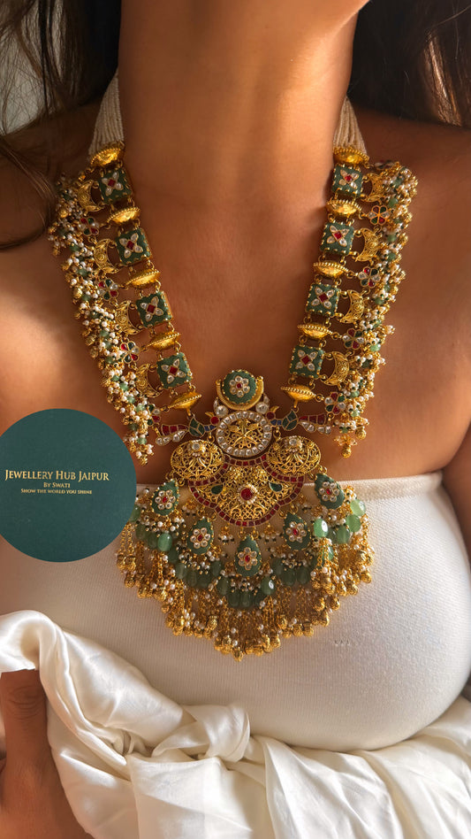 Handmade Heritage Polki Mint inlay work & rani pink with mint drops rajwada heritage mid length set