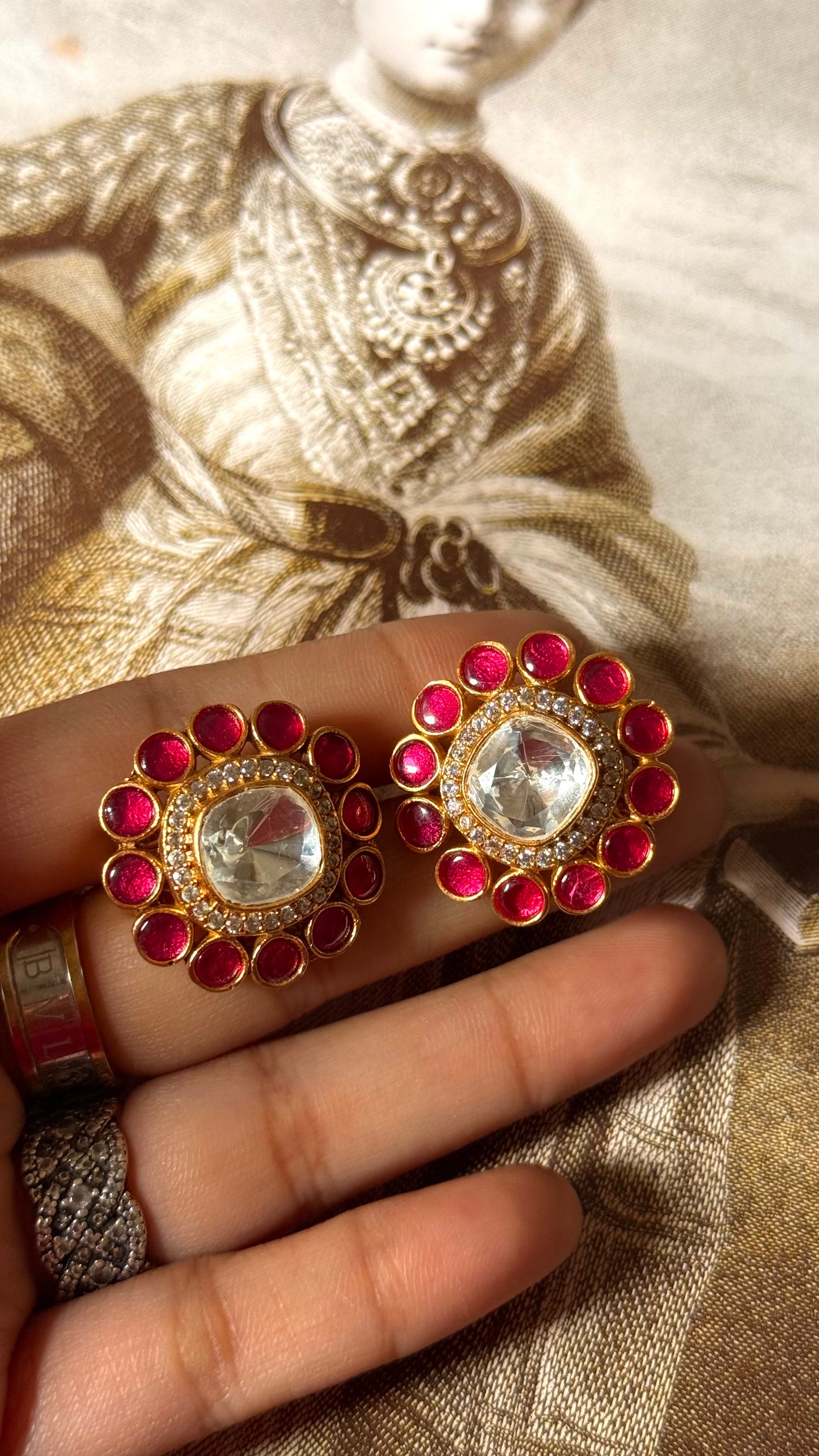 Ruby  square shaped polki studs