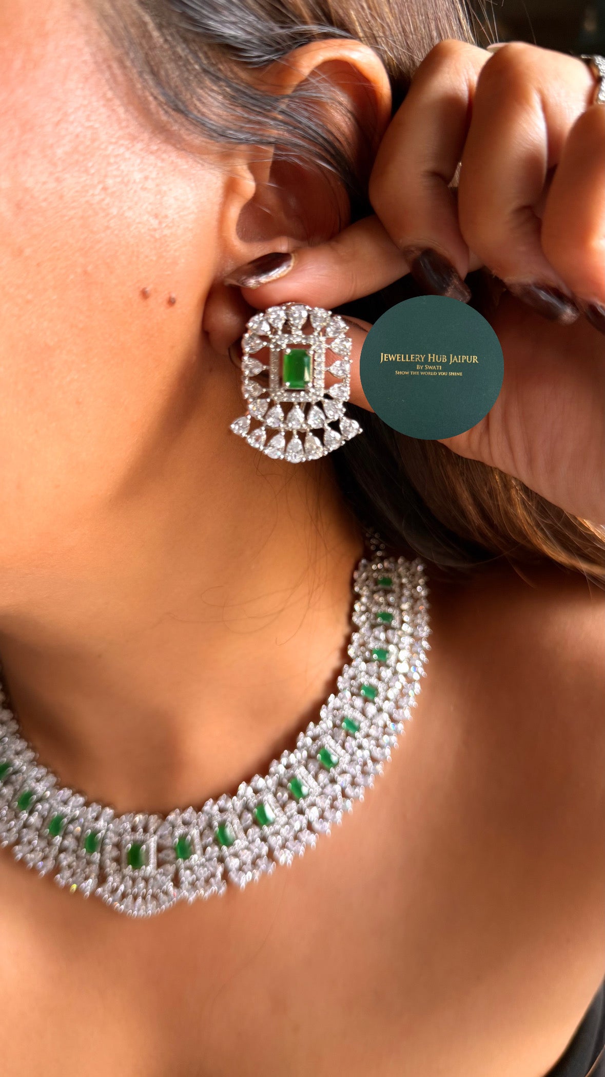 Emerald doublet cz diamond necklace