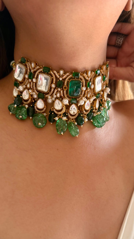Emerald doublet Moissanite polki choker set