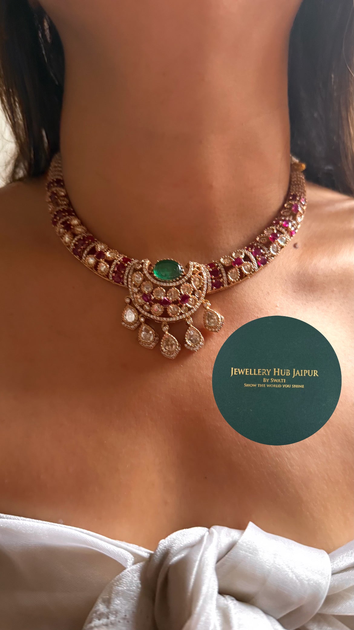 Emerald doublet & rani pink moissanite collar set