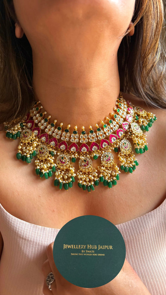 Paachi Kundan jadau emerald & Rani pink ruby bridal necklace