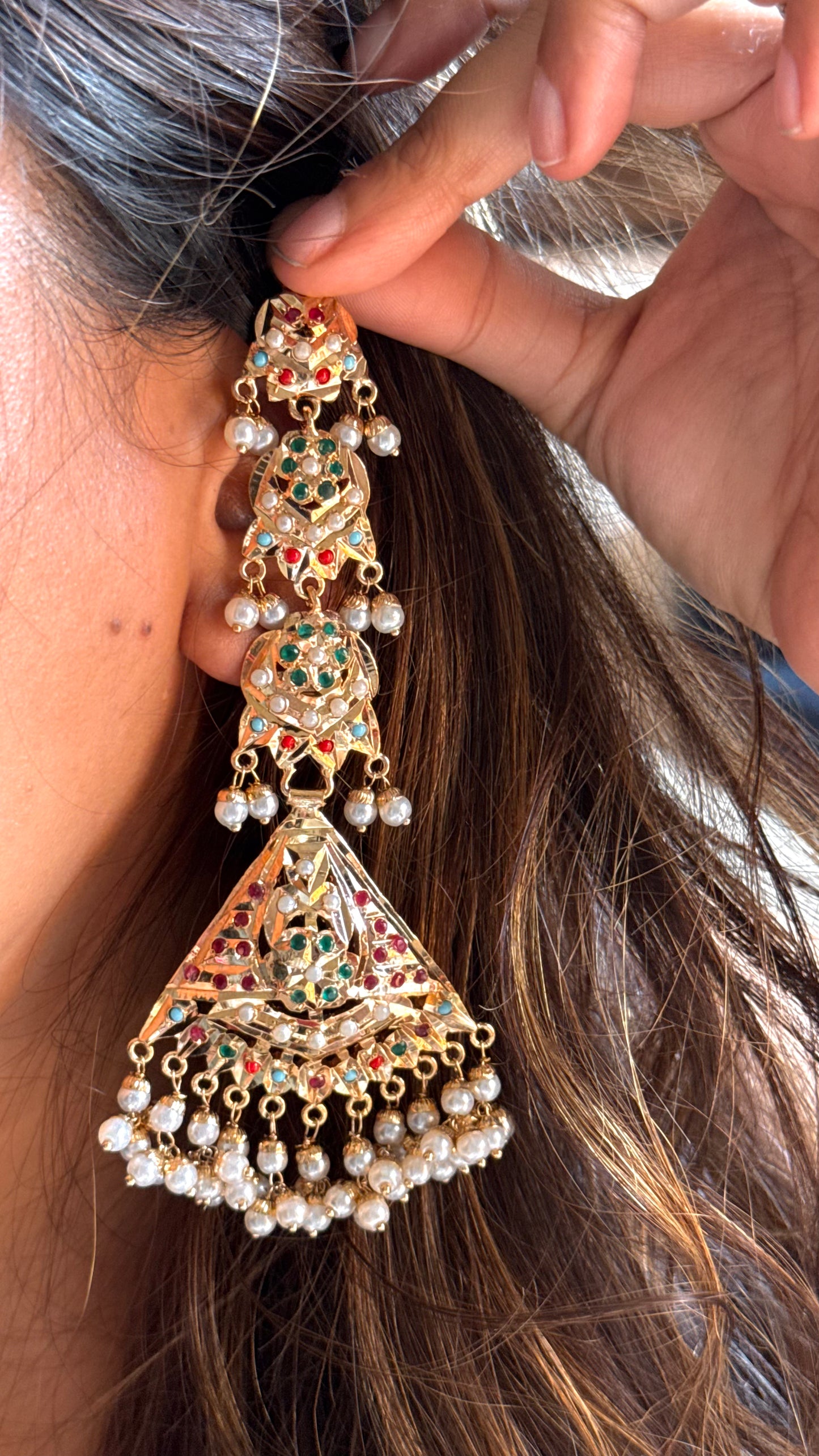 Jadau Navratna Chand bali with earchain