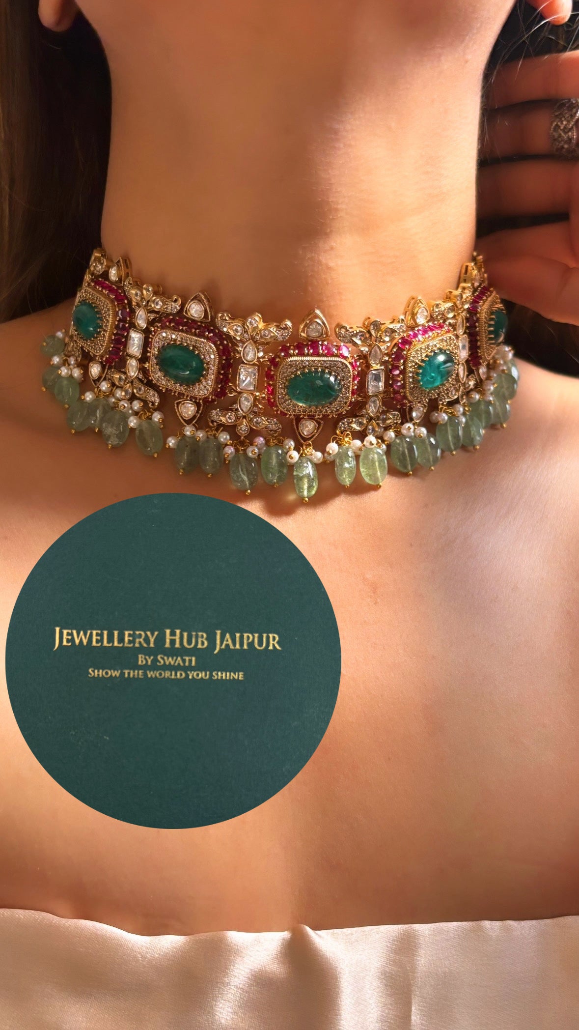 Bridal Asia Ruby mint and panna choker necklace set