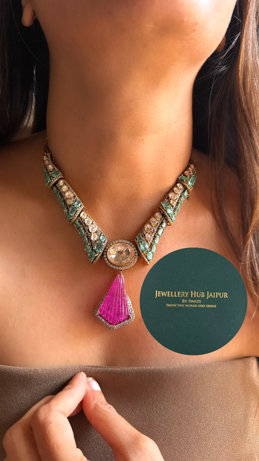 Rani pink doublet & mint moissanite designer cocktail collar set