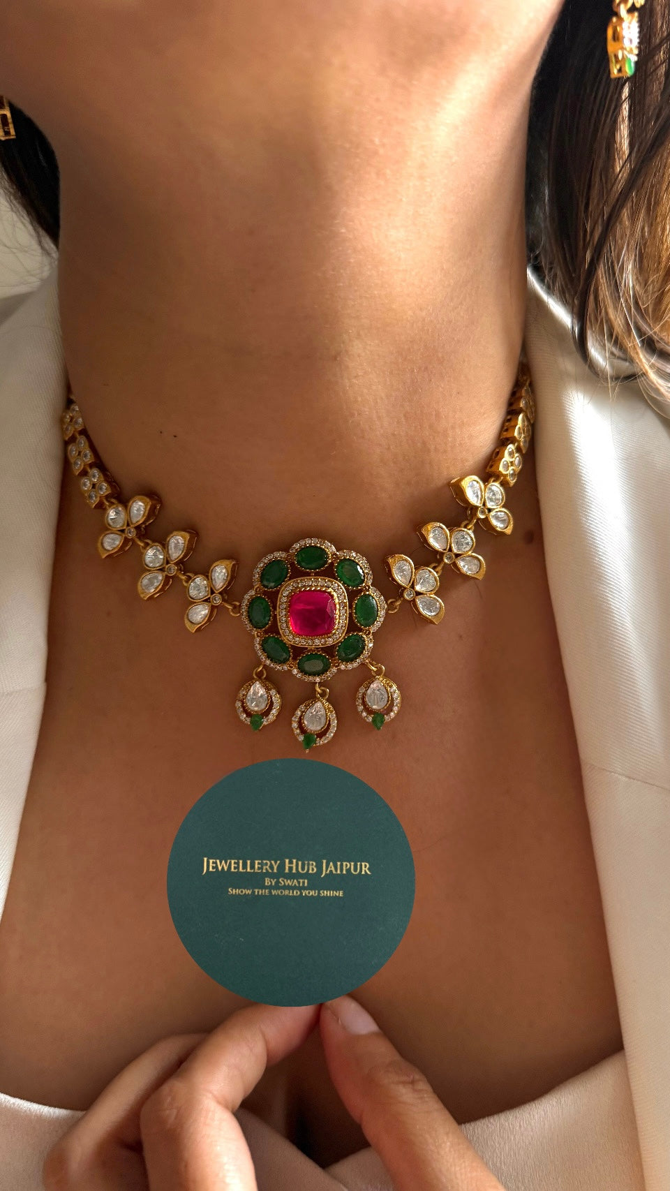 Floral desiner ruby & emerald statement necklace