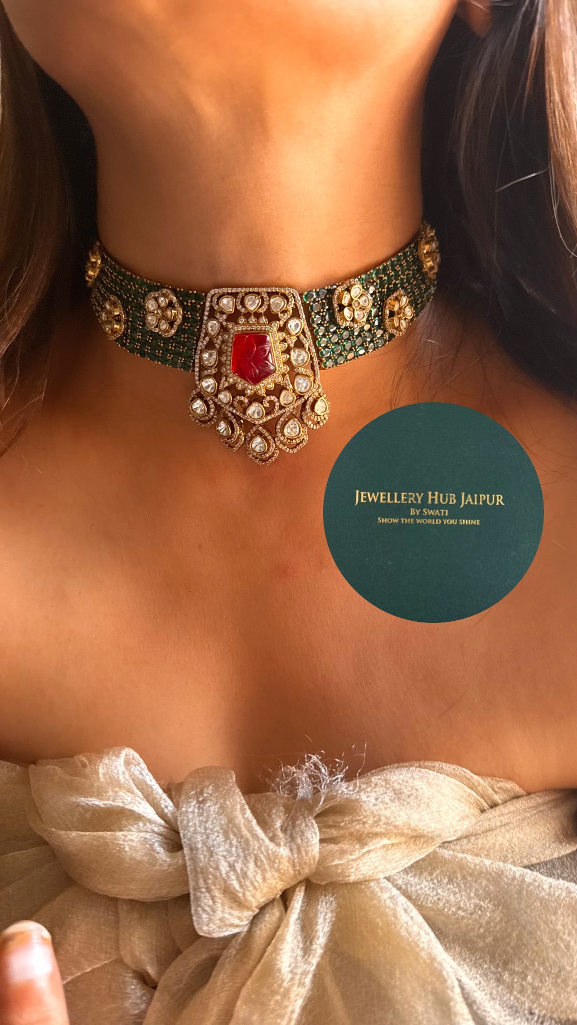 Ruby doublet & emerald moissanite uncut polki choker set
