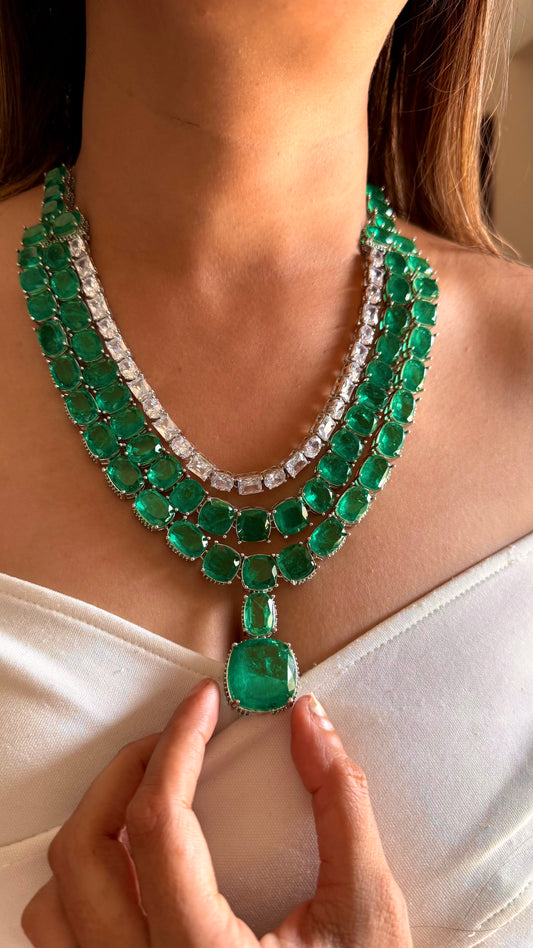 Seren Emerald doublet three layer diamond necklace