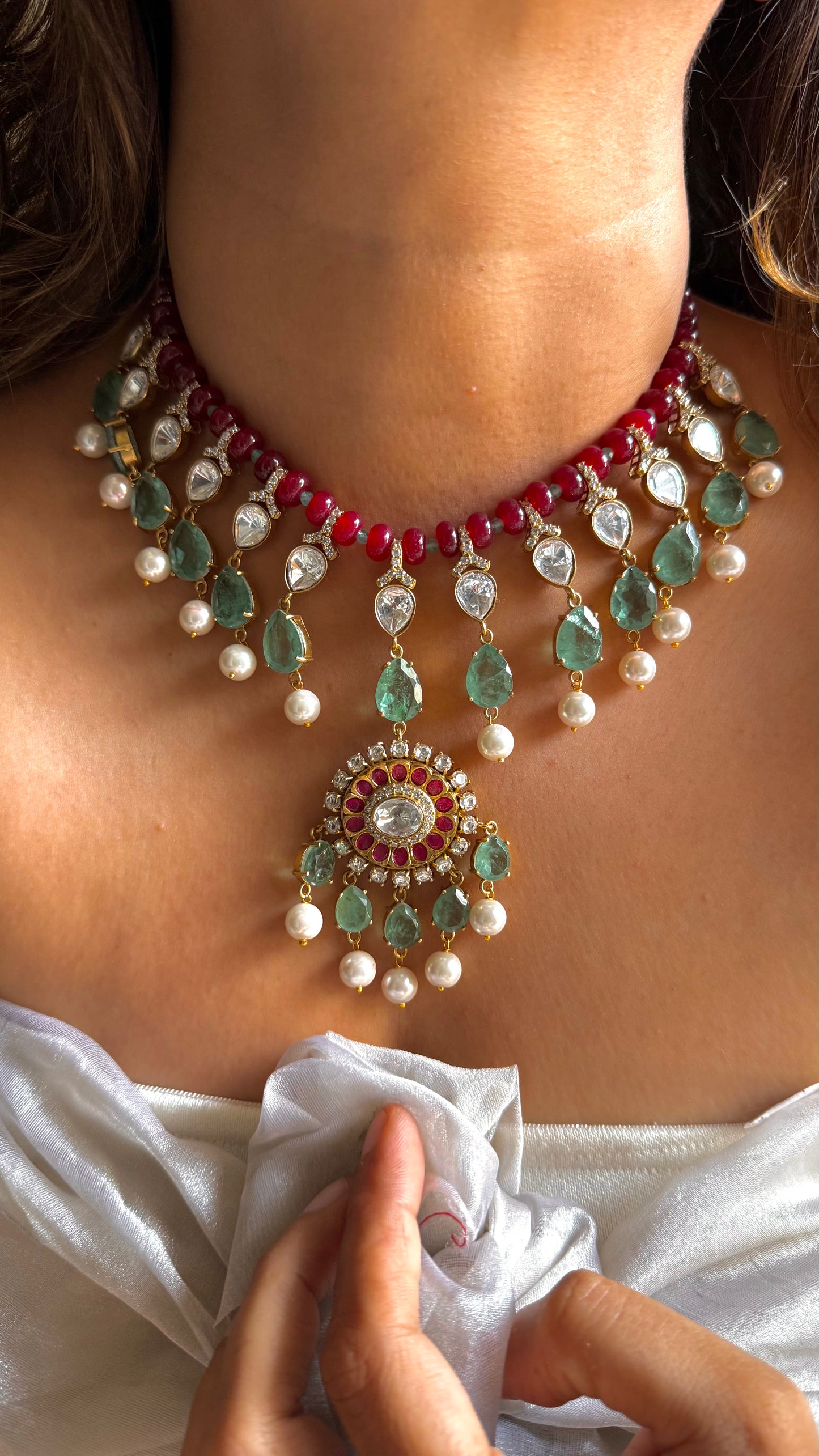 Ruby polki & mint doublet designer necklace