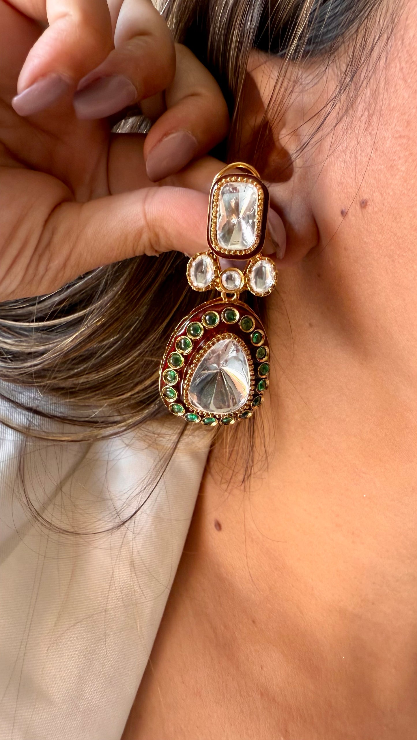 Ruby meenakari emerald polki earrings